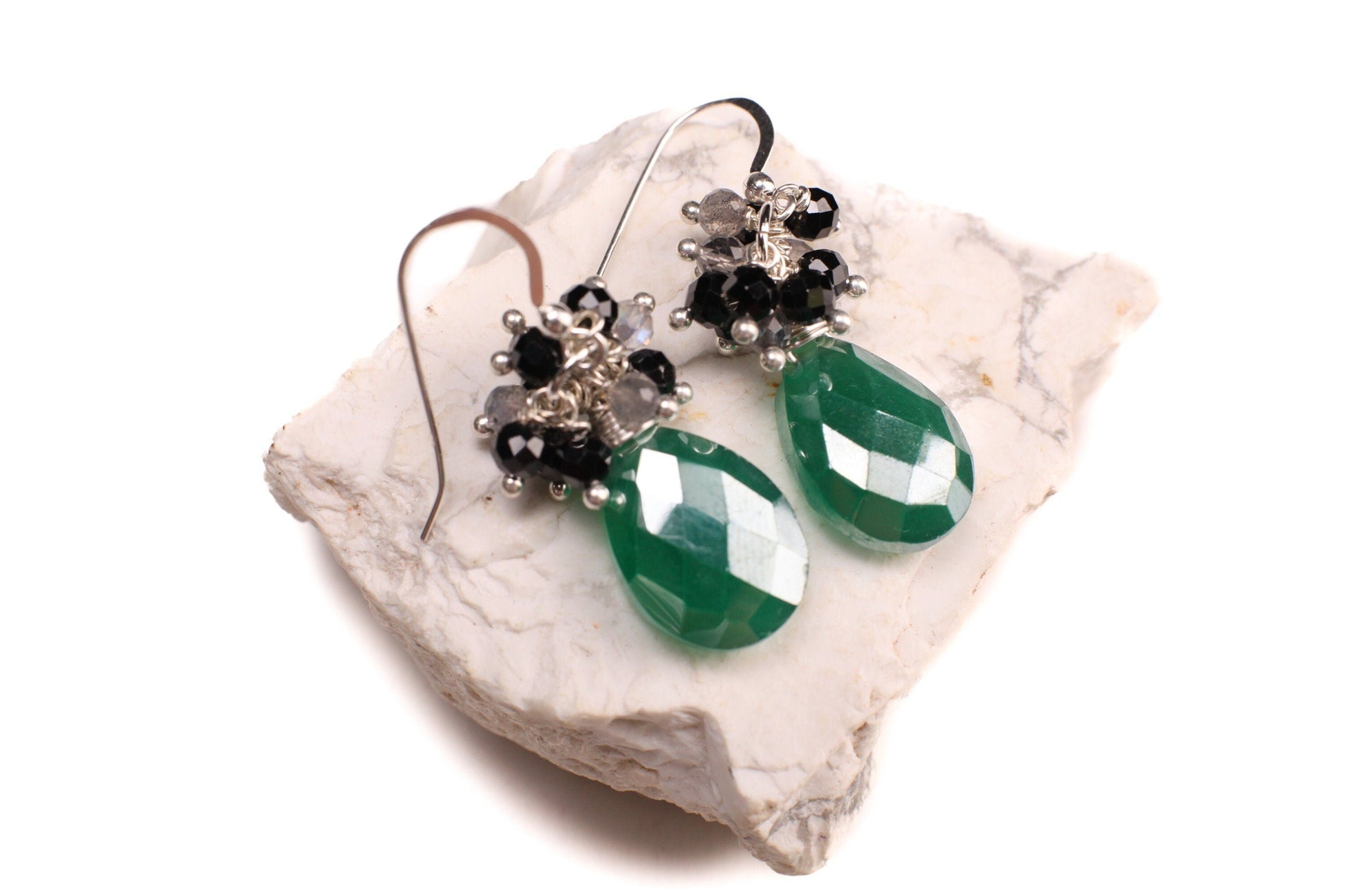 Genuine Green Onyx large drop mystic 12x16mm cluster with labradorite & black spinel wire wrapped 925 sterling silver earrings