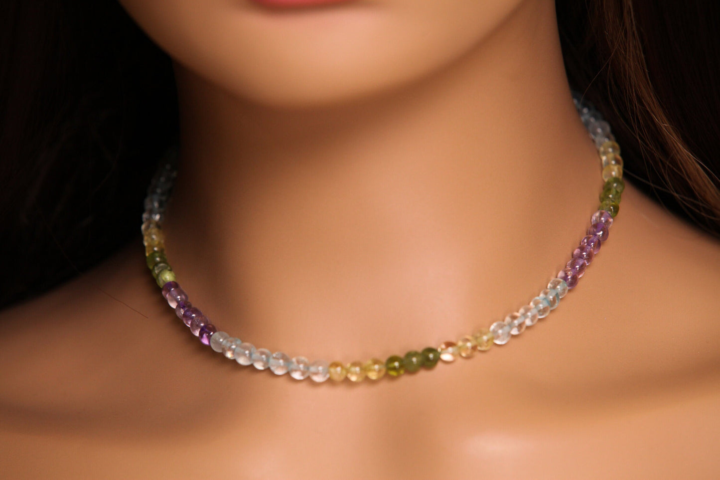 Amethyst Aquamarine Citrine Peridot 4mm smooth round Choker, Layering Necklace. Natural multi gemstone Yoga healing Birthday, Woman gifts