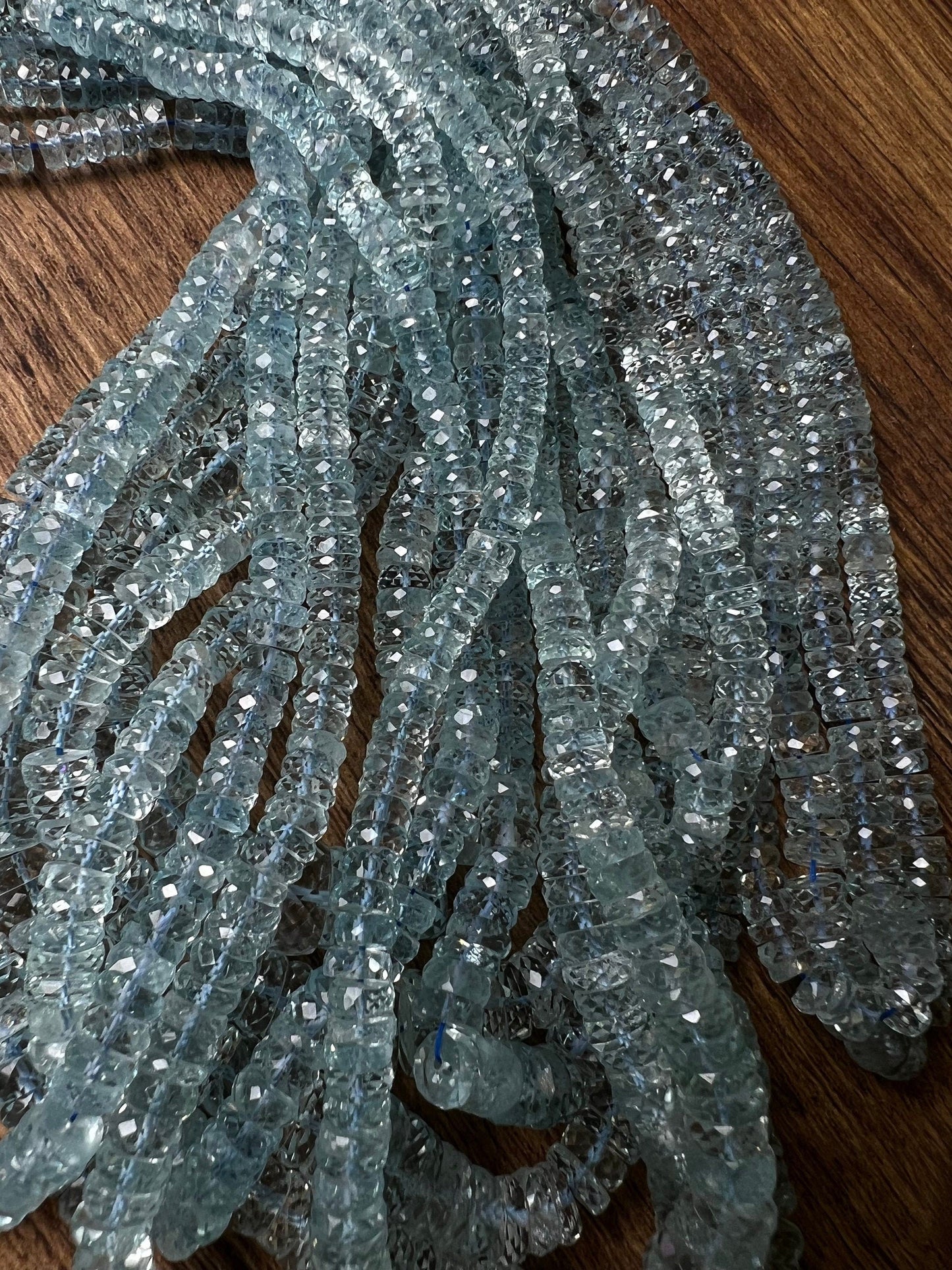 Natural Aquamarine Santa Maria Tyre wheel Heishi 4-9mm Micro Faceted cut Graduated Roundel Rare AAA clear quality beads , 8”,16”