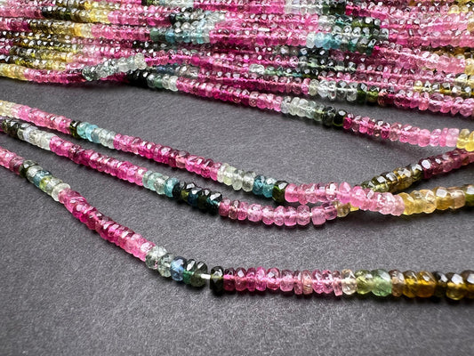 Multi Tourmaline Rondelle 3.5-4mm, Natural AAA Quality Faceted Micro Cut beautiful pink blue green yellow shaded 13” strand