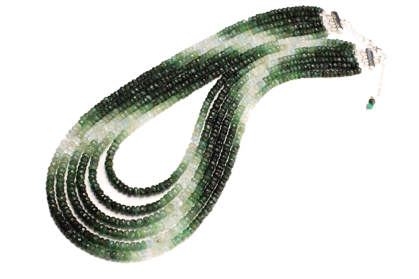 Natural Emerald Ombre Shaded 4-5mm large hand Faceted Roundel High Quality Bib Necklace with silver adjustable clasp,3 line 4 line, 6 line