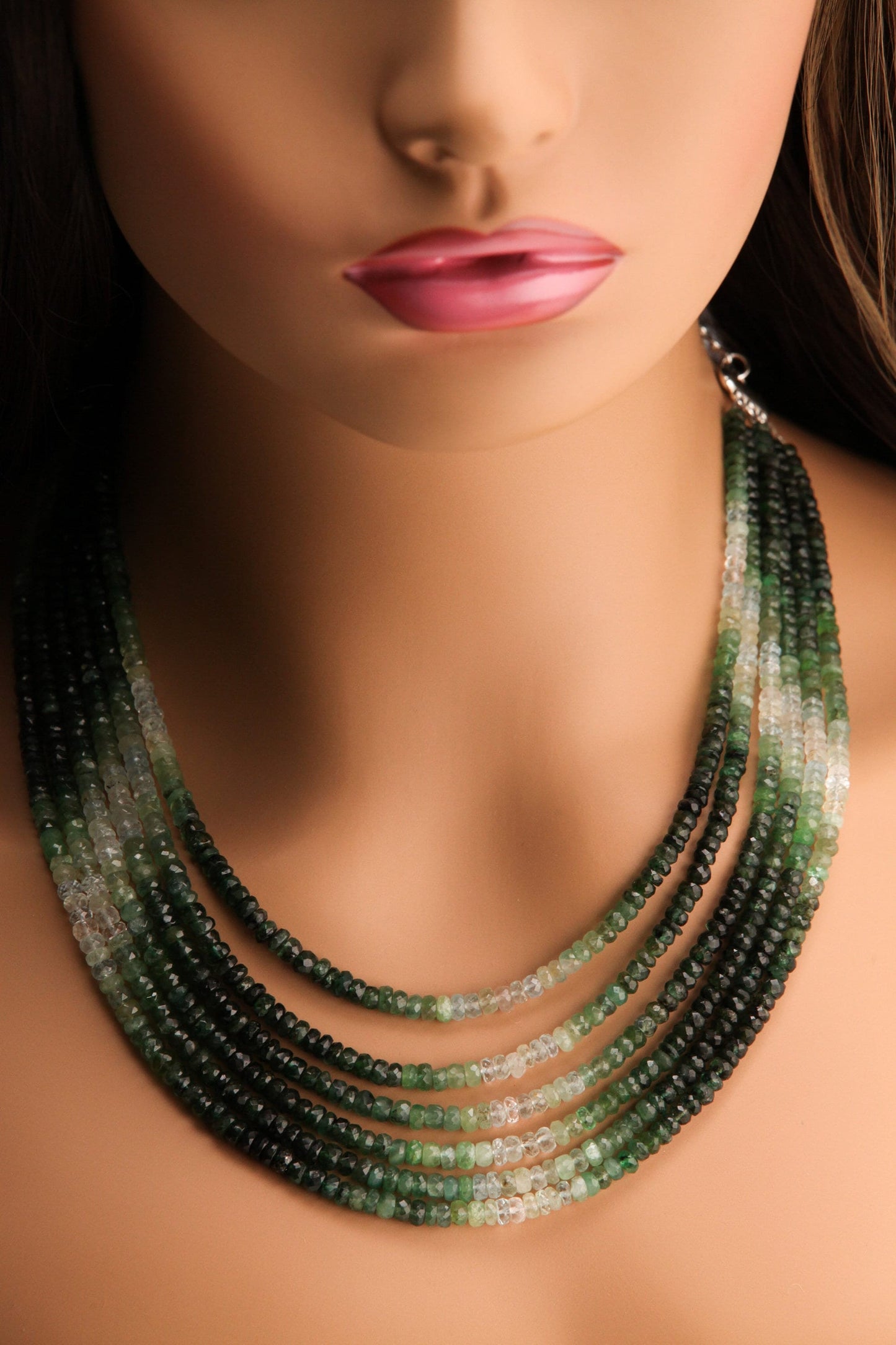 Natural Emerald Ombre Shaded 4-5mm large hand Faceted Roundel High Quality Bib Necklace with silver adjustable clasp,3 line 4 line, 6 line