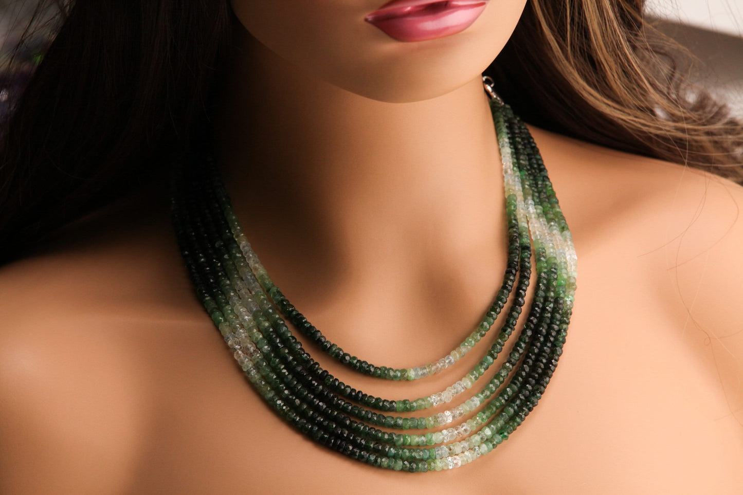 Natural Emerald Ombre Shaded 4-5mm large hand Faceted Roundel High Quality Bib Necklace with silver adjustable clasp,3 line 4 line, 6 line