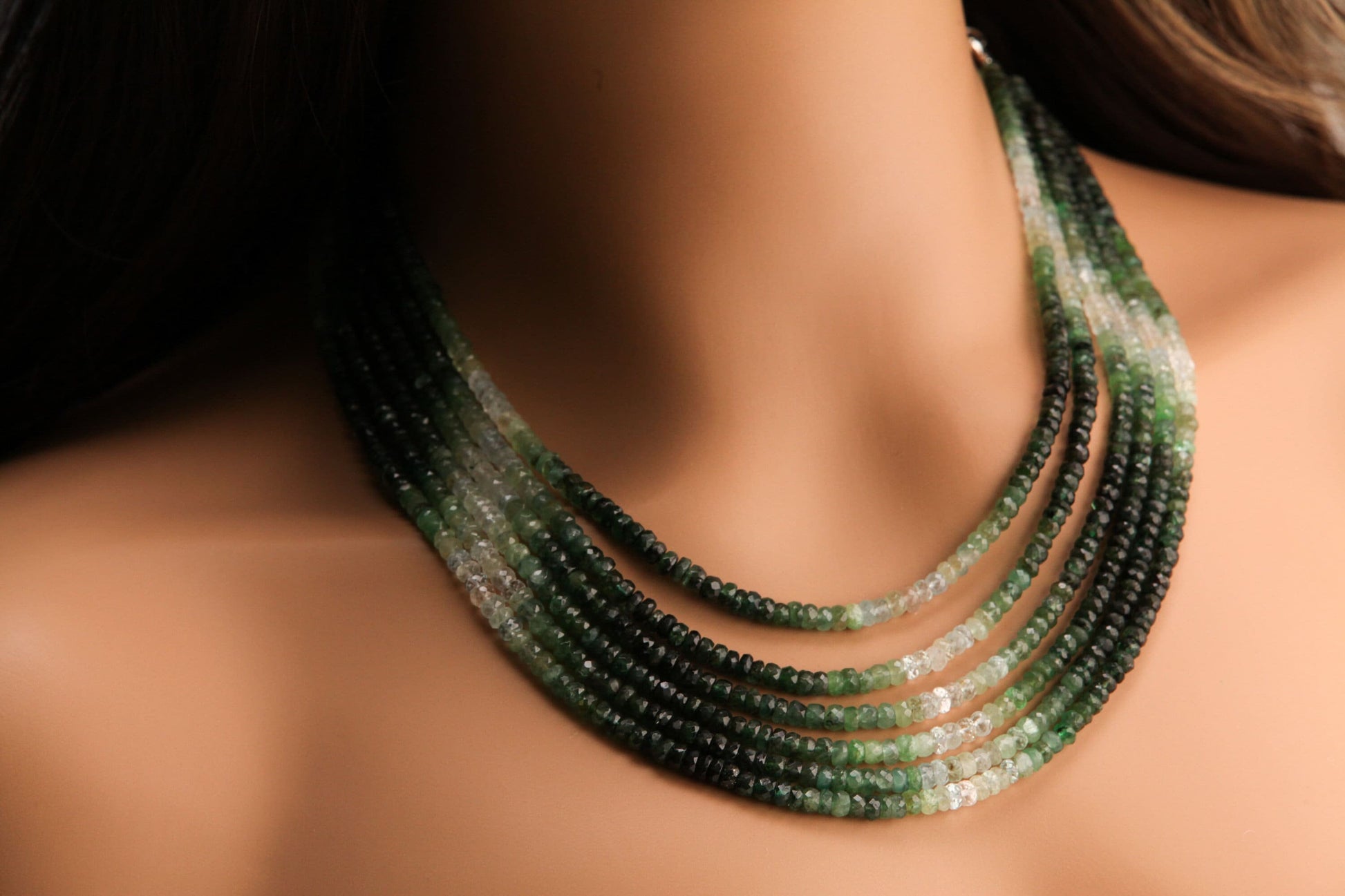 Natural Emerald Ombre Shaded 4-5mm large hand Faceted Roundel High Quality Bib Necklace with silver adjustable clasp,3 line 4 line, 6 line