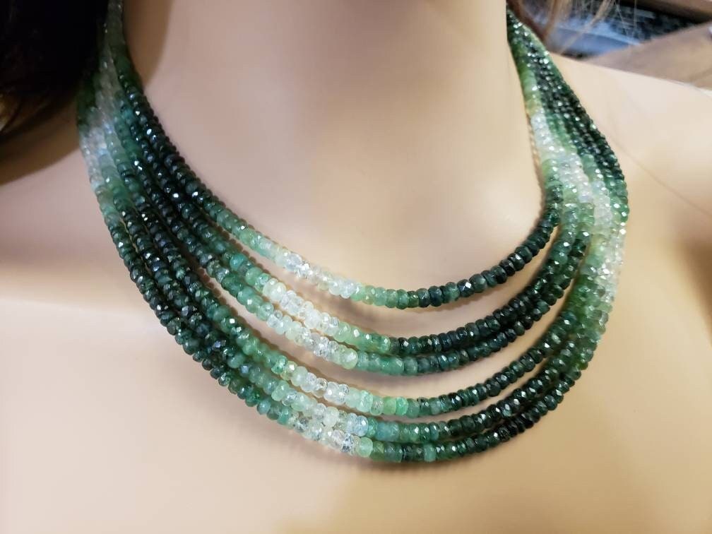 Natural Emerald Ombre Shaded 4-5mm large hand Faceted Roundel High Quality Bib Necklace with silver adjustable clasp,3 line 4 line, 6 line