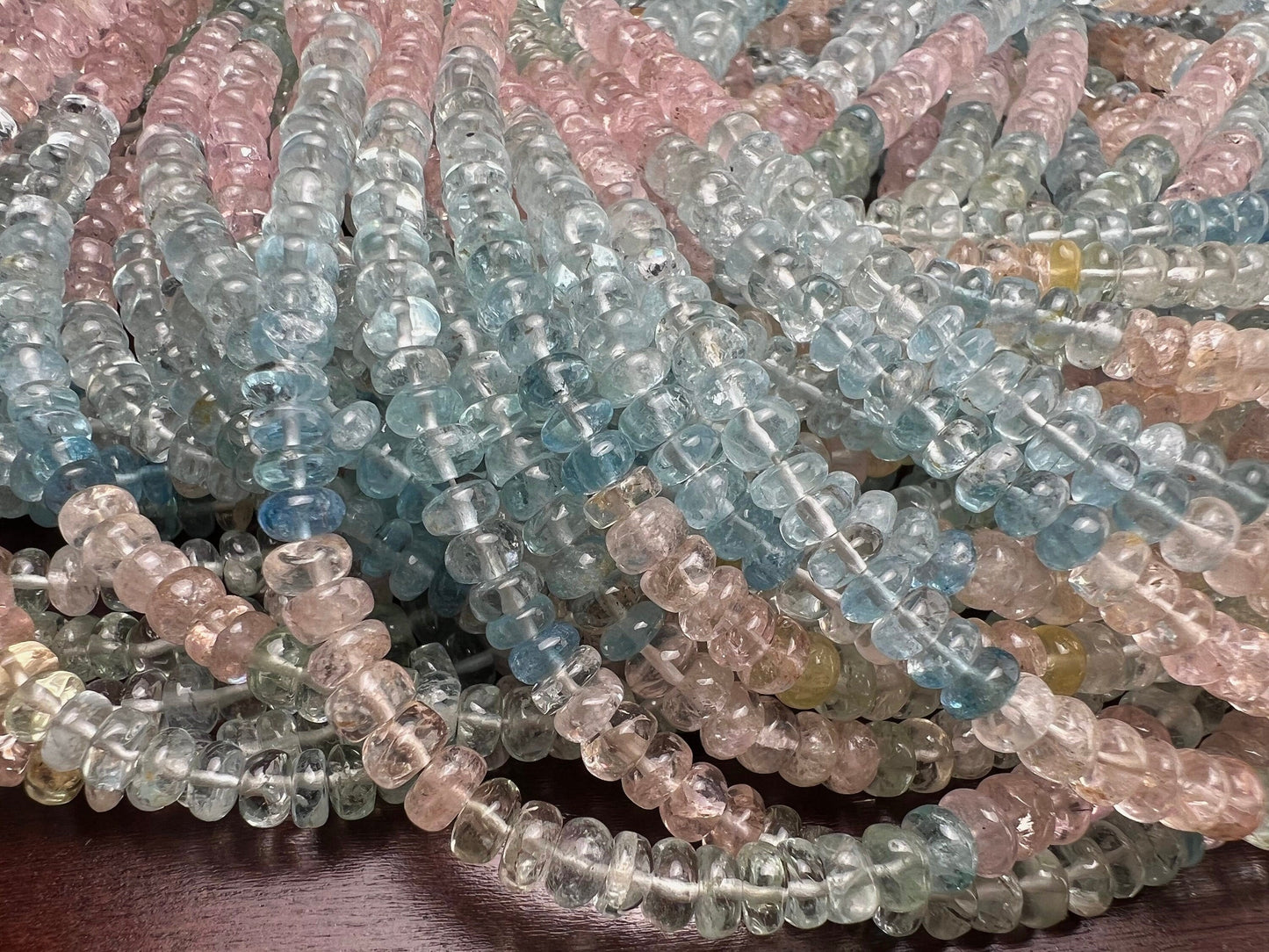 Multi Aquamarine, morganite Smooth roundel 4-6mm bead AAA quality natural multi aquamarine beads 8” ,16” strand