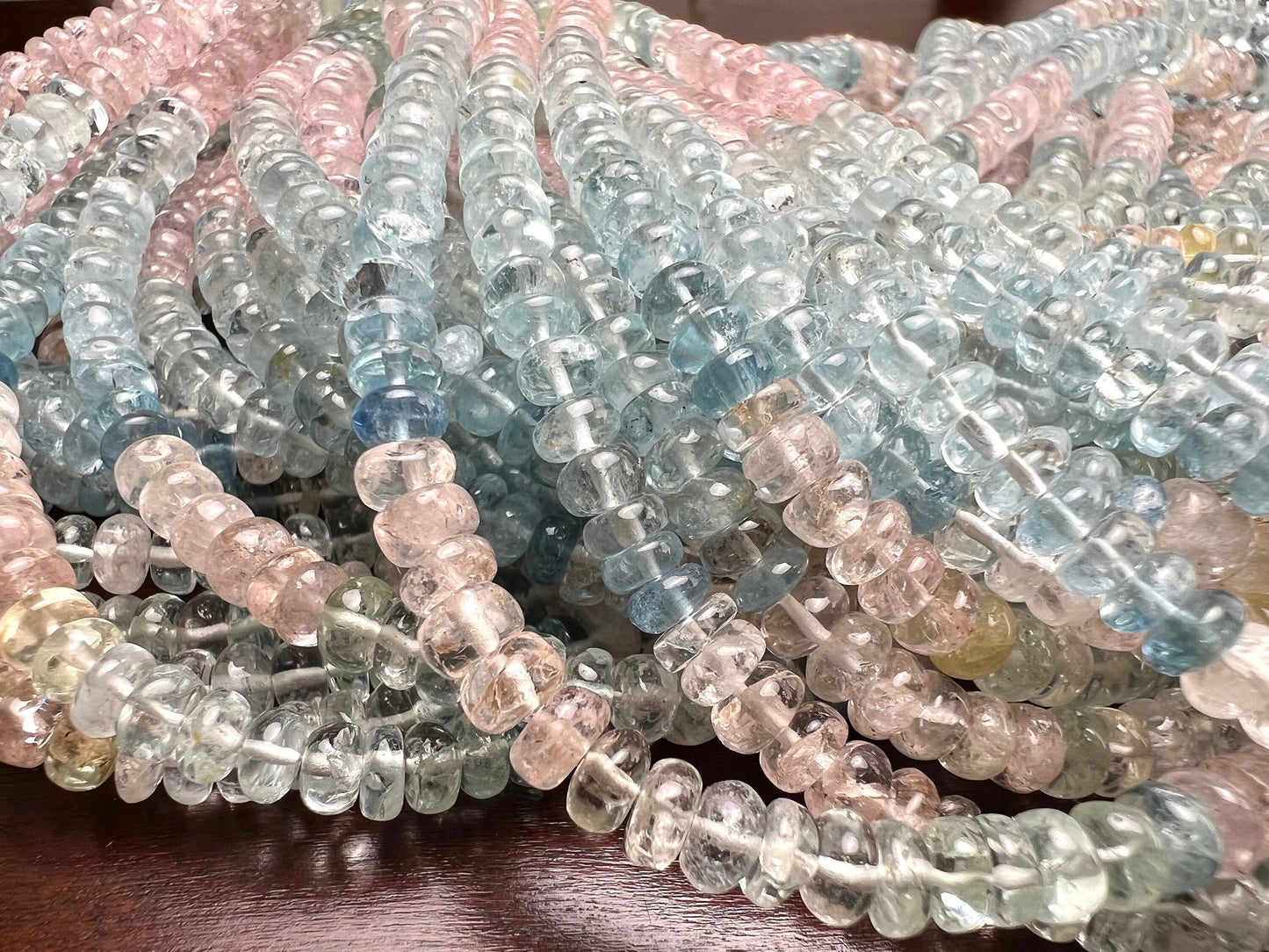 Multi Aquamarine, morganite Smooth roundel 4-6mm bead AAA quality natural multi aquamarine beads 8” ,16” strand