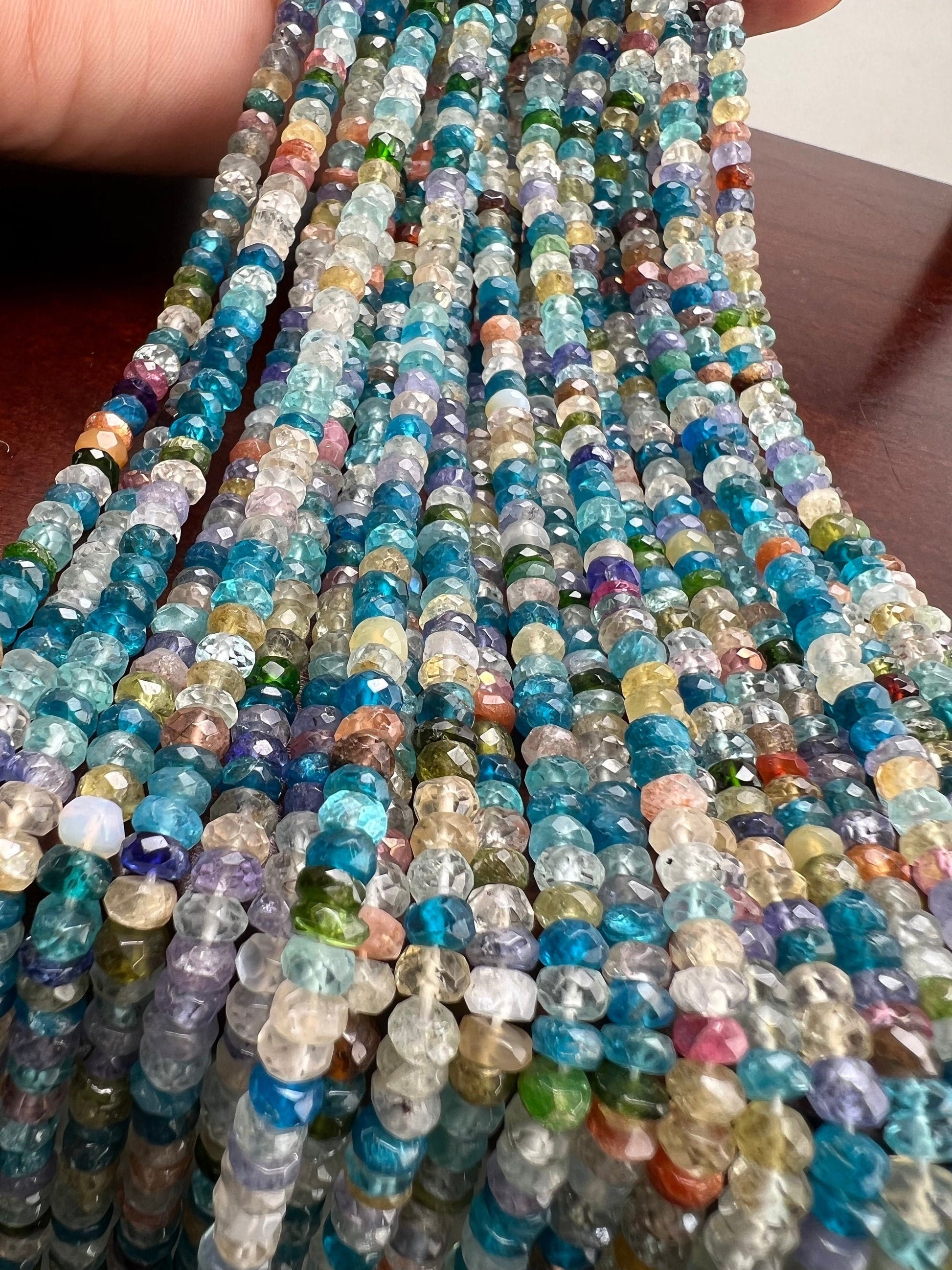 Natural Multi Gemstone Blue shaded 4-5mm roundel mix gems,Apatite aquamarine Moonstone sunshine gems .Beautiful ocean blue beads . 12.5” st