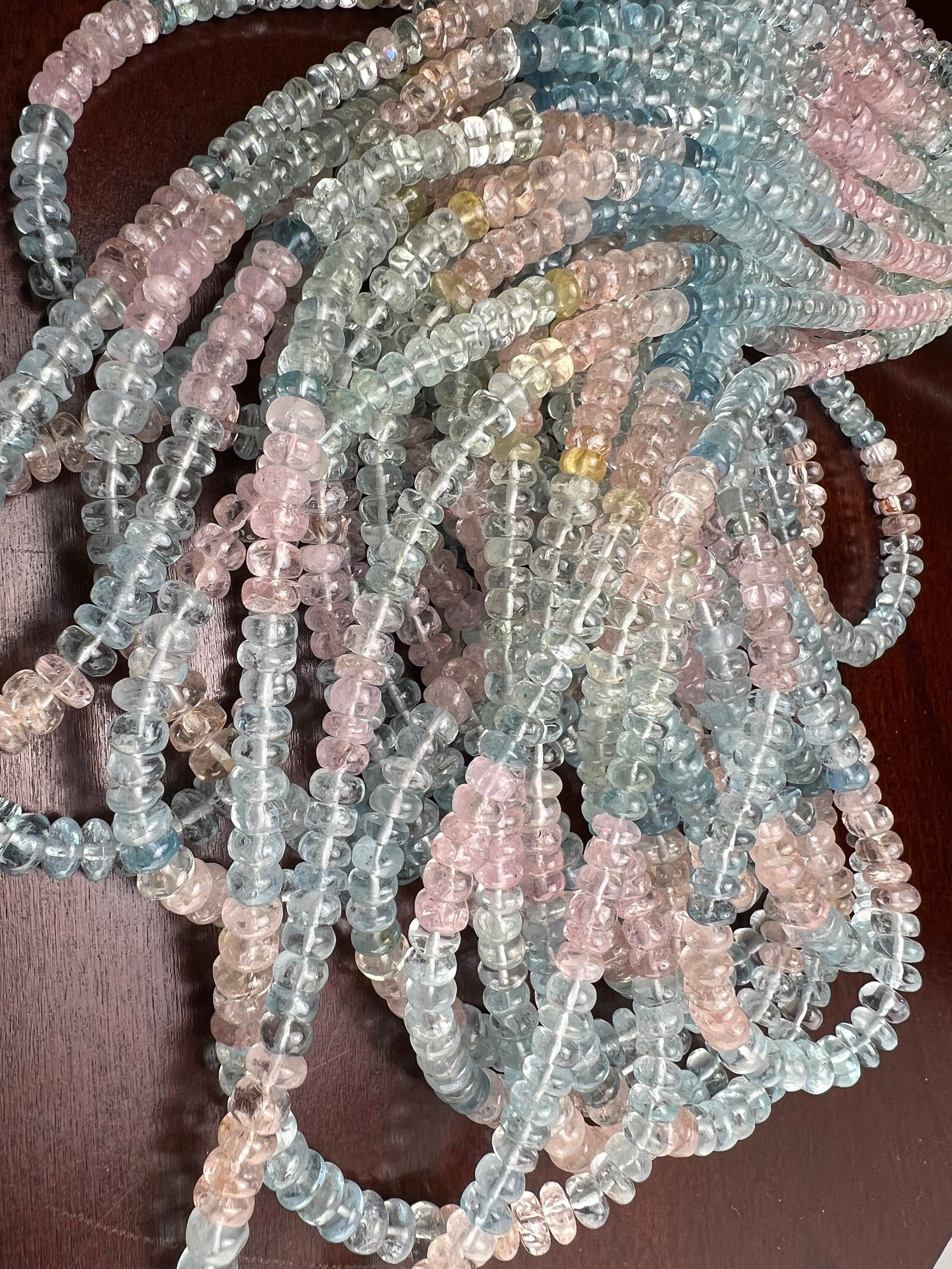 Multi Aquamarine, morganite Smooth roundel 4-6mm bead AAA quality natural multi aquamarine beads 8” ,16” strand