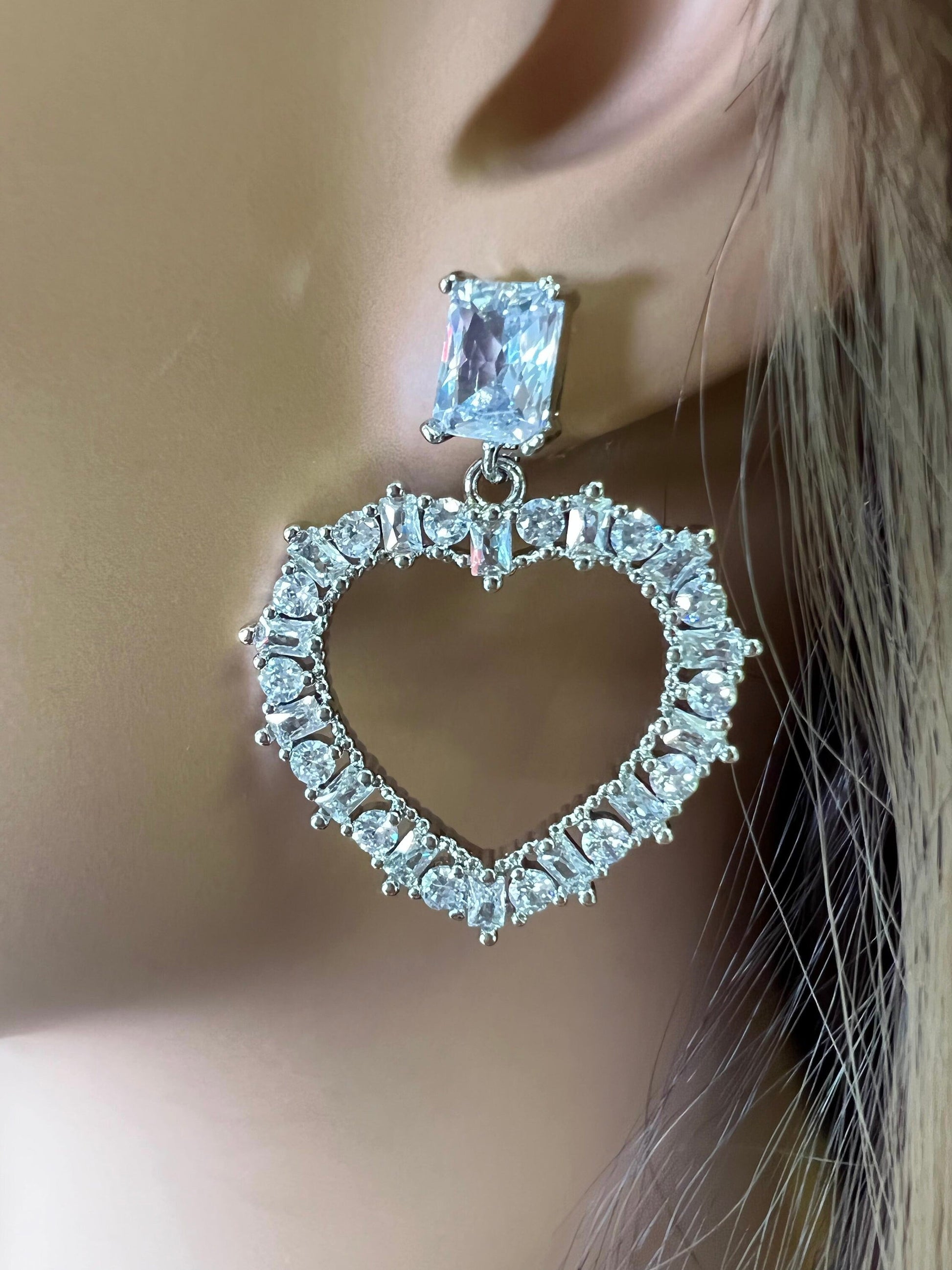 Cubic zirconia CZ diamond heart shape dangling Clear CZ princess cut Fancy Post Earrings, Valentine Evening Wear,Bridal, valentines Gift.