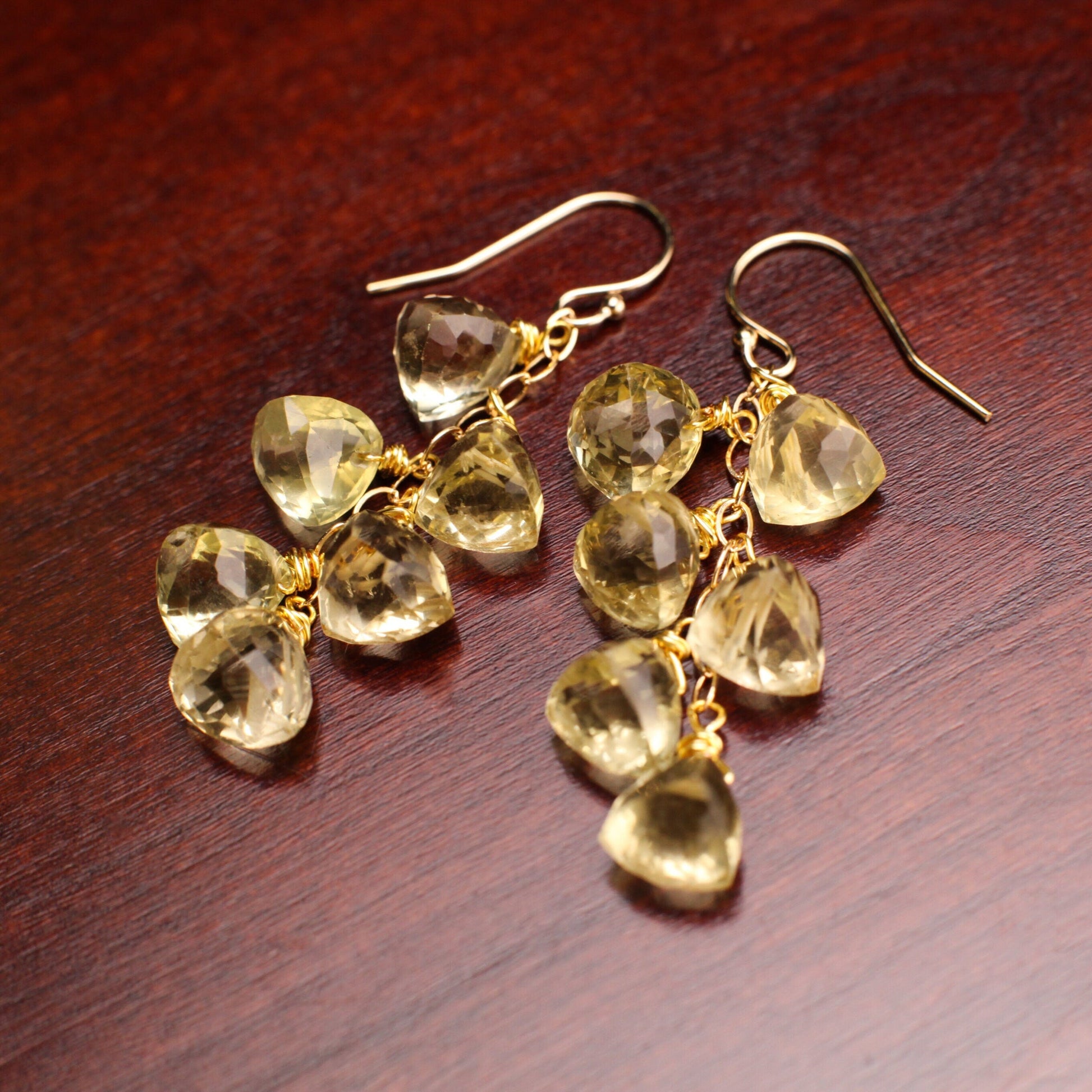 Natural Lemon Quartz Faceted Trillion Shape Briolette 7.5-8.5mm Wire Wrapped 14K Gold Filled Gemstone Dangling Earrings