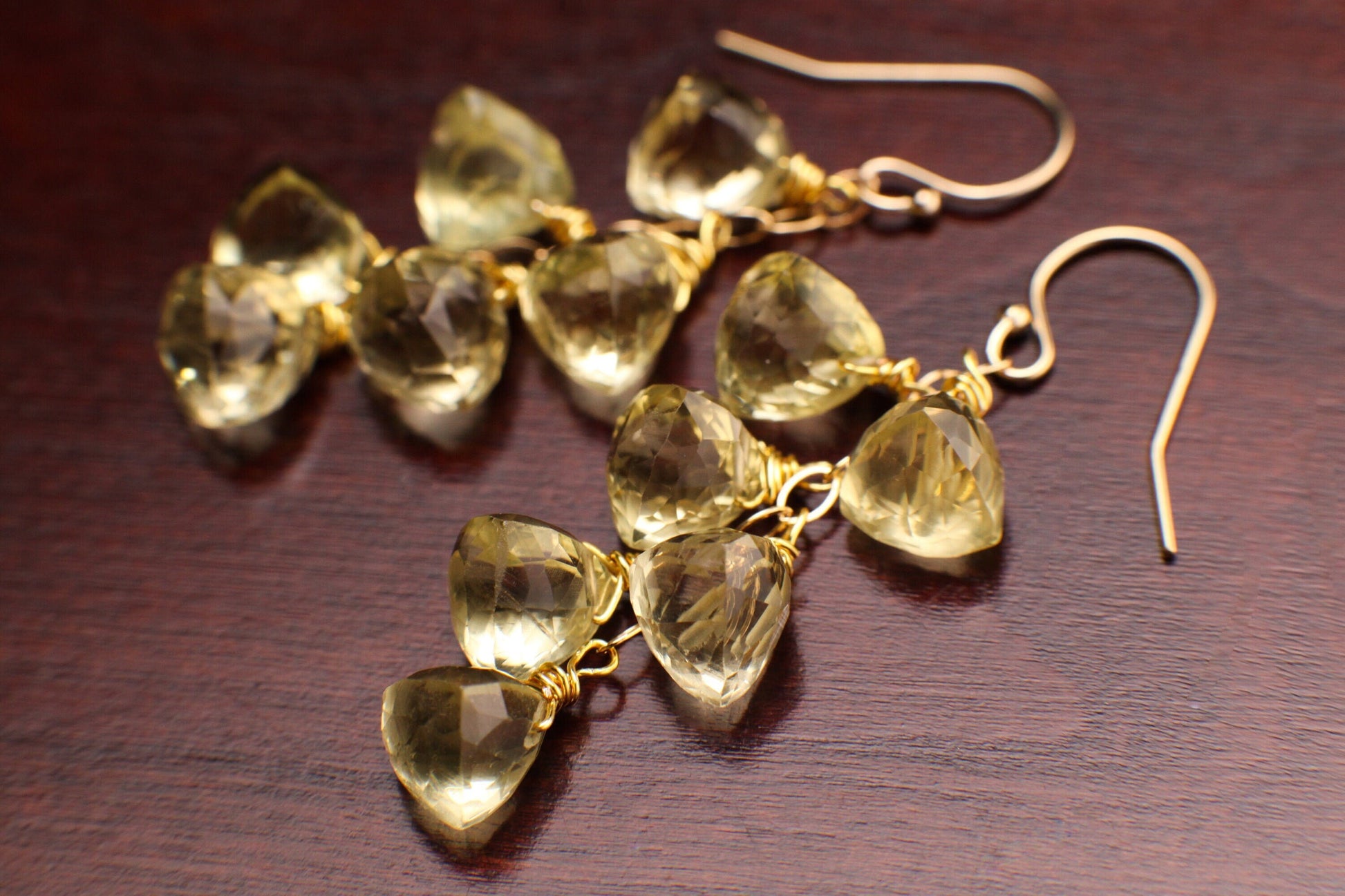 Natural Lemon Quartz Faceted Trillion Shape Briolette 7.5-8.5mm Wire Wrapped 14K Gold Filled Gemstone Dangling Earrings