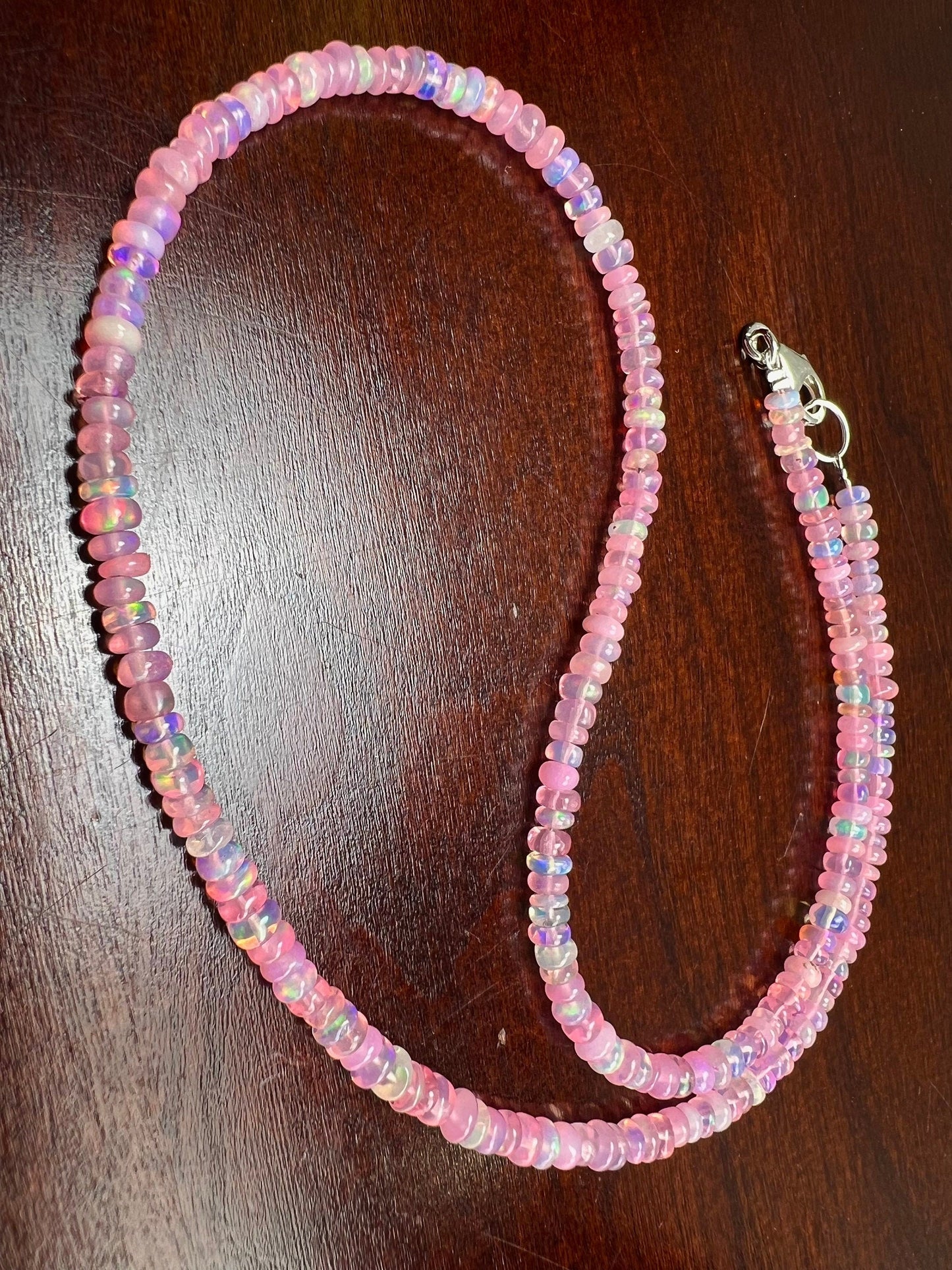 Genuine Ethiopian Fire Opal Pink Welo Opal Sweet Pink 3.5mm Smooth Roundel 925 Sterling Silver Necklace, AAA Quality Fiery Opal Jewelry Gift