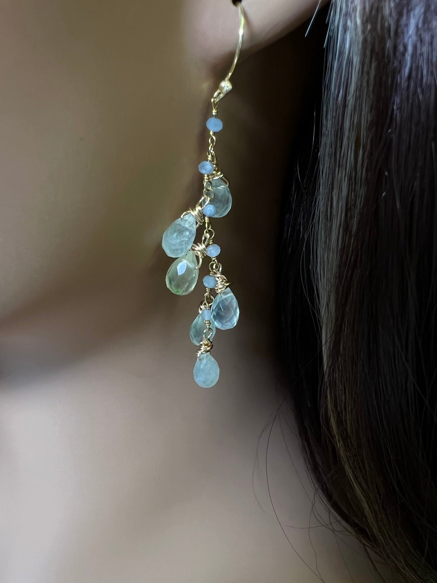 Natural Prehnite, Tourmalinated Quartz 7x11 Faceted Briolette wire wrapped gold vermeil cascade Handmade earring