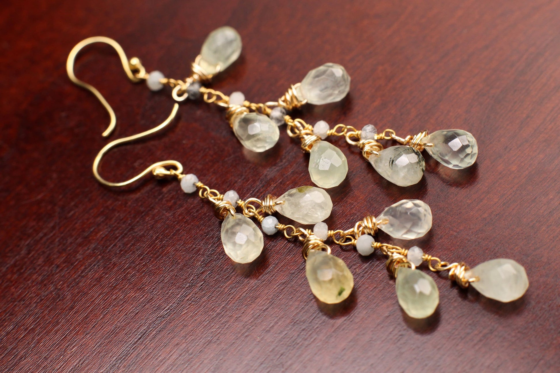 Natural Prehnite, Tourmalinated Quartz 7x11 Faceted Briolette wire wrapped gold vermeil cascade Handmade earring