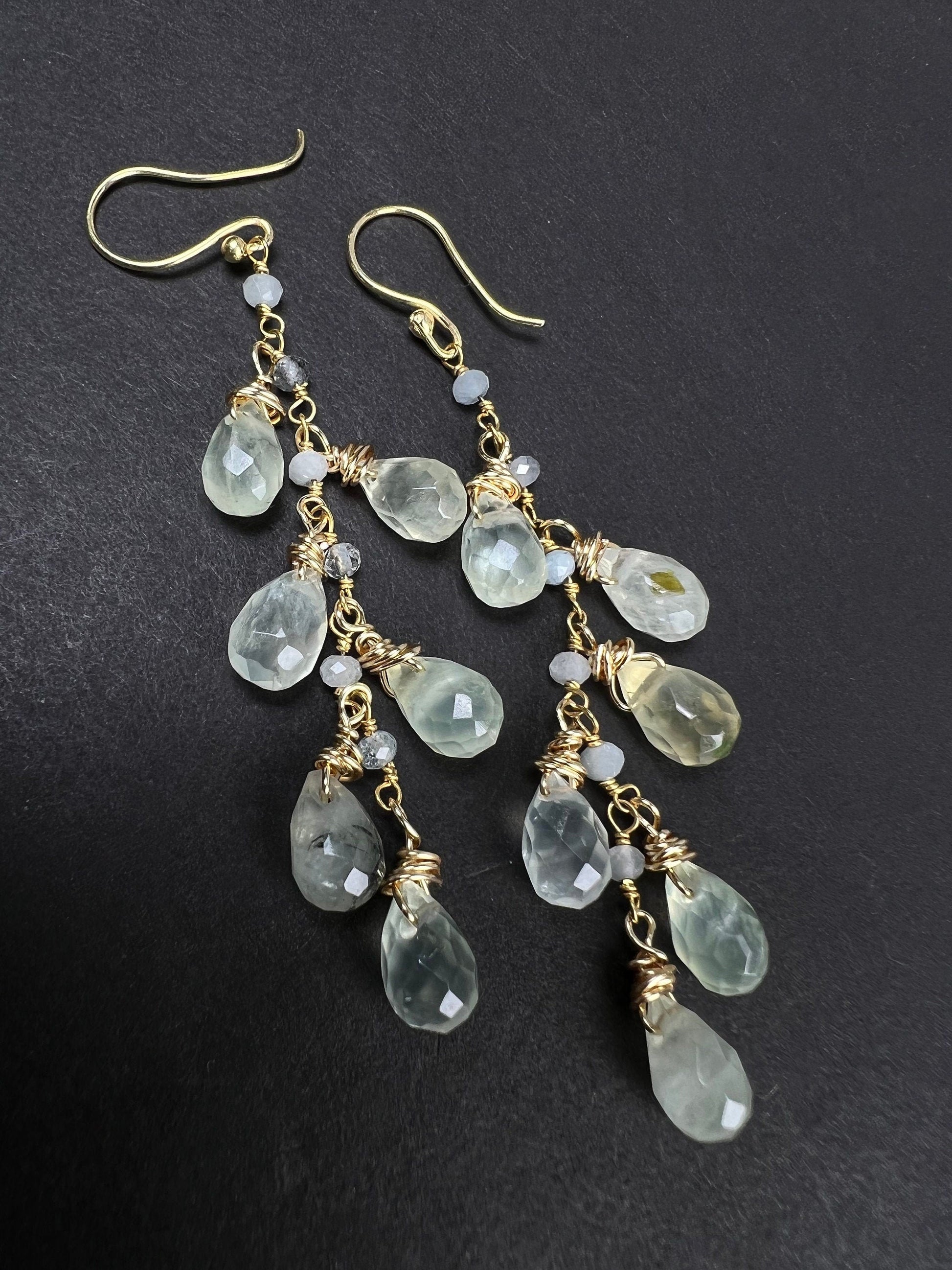 Natural Prehnite, Tourmalinated Quartz 7x11 Faceted Briolette wire wrapped gold vermeil cascade Handmade earring