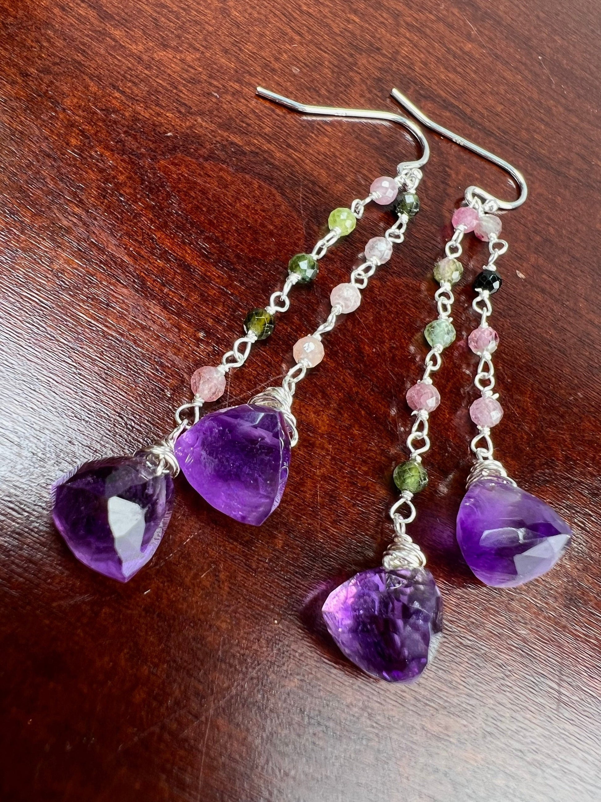 Natural Amethyst Trillion 8mm faceted dangling with Watermelon Tourmaline 925 sterling silver Earrings Handmade Gift