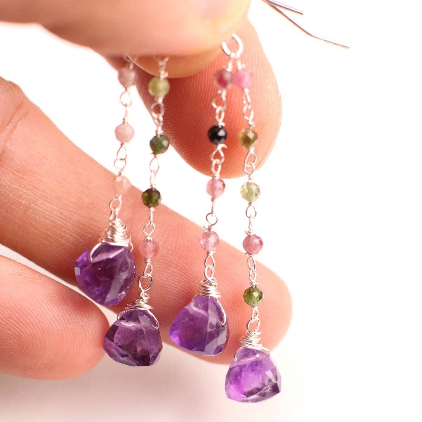 Natural Amethyst Trillion 8mm faceted dangling with Watermelon Tourmaline 925 sterling silver Earrings Handmade Gift