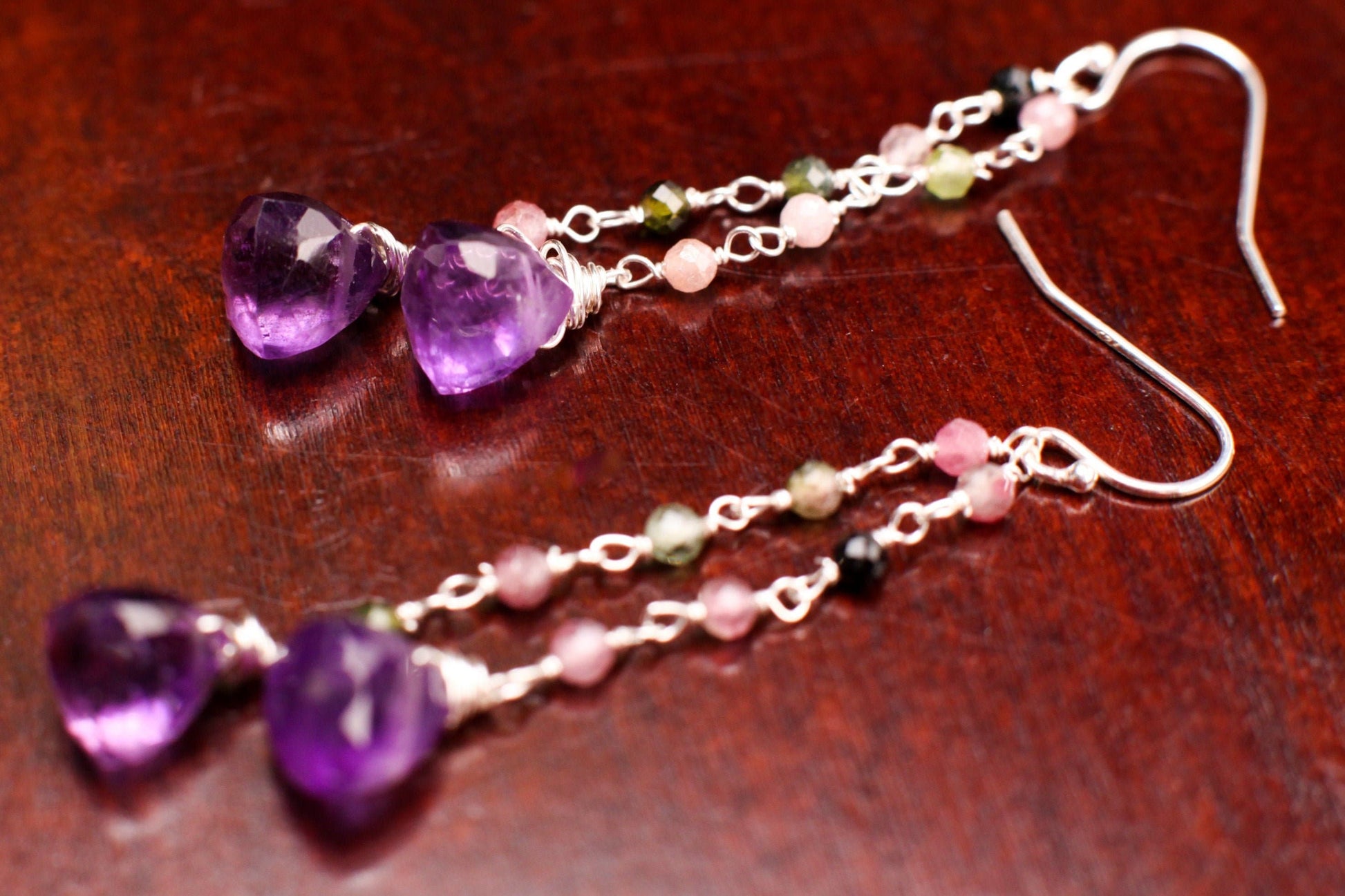 Natural Amethyst Trillion 8mm faceted dangling with Watermelon Tourmaline 925 sterling silver Earrings Handmade Gift