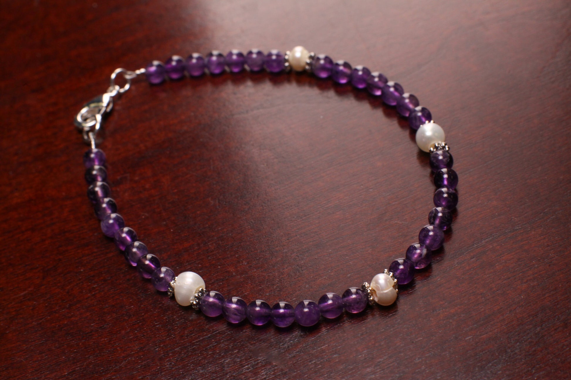 Natural Amethyst Round 4mm with Freshwater Pearl Rondelle Gemstone Bracelet, Healing Crystal, Yoga, Energy, Soothing Bracelet Gift