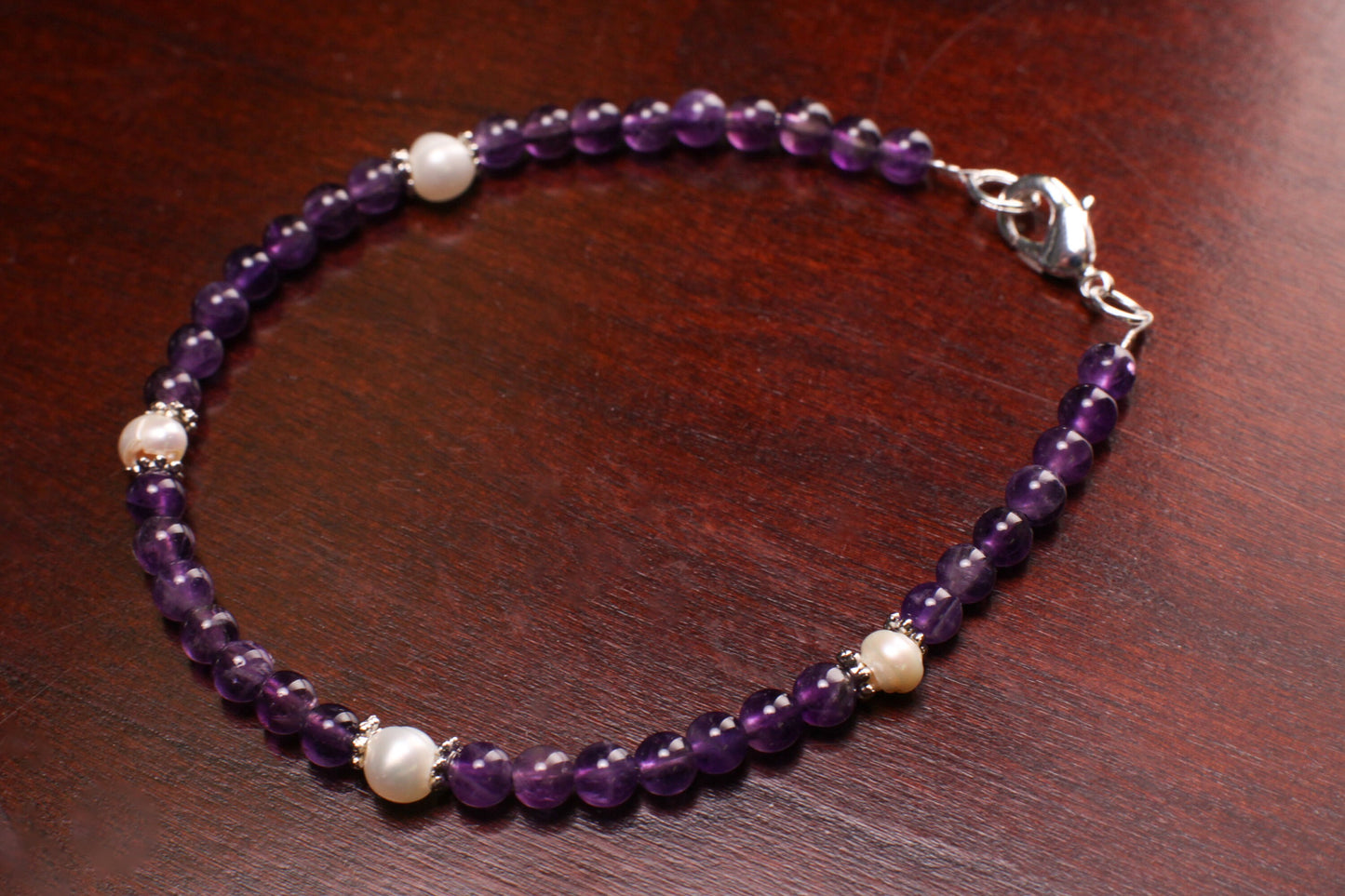 Natural Amethyst Round 4mm with Freshwater Pearl Rondelle Gemstone Bracelet, Healing Crystal, Yoga, Energy, Soothing Bracelet Gift