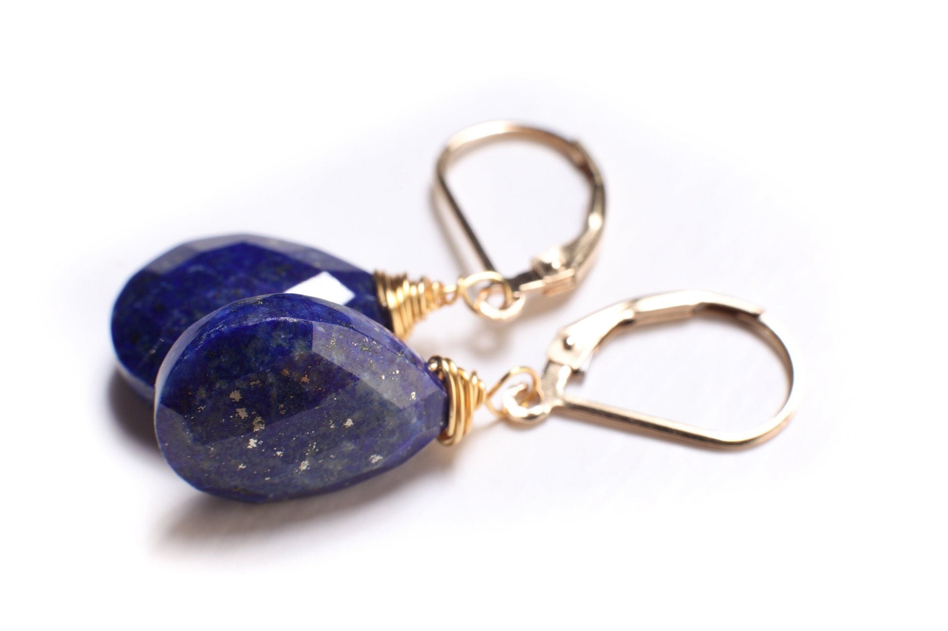 Lapis Lazuli Earrings, Natural Lapis Pear Drop 12x16mm Wire Wrapped Long Teardrop in 14K Gold Filled or 925 Sterling Silver Leverback