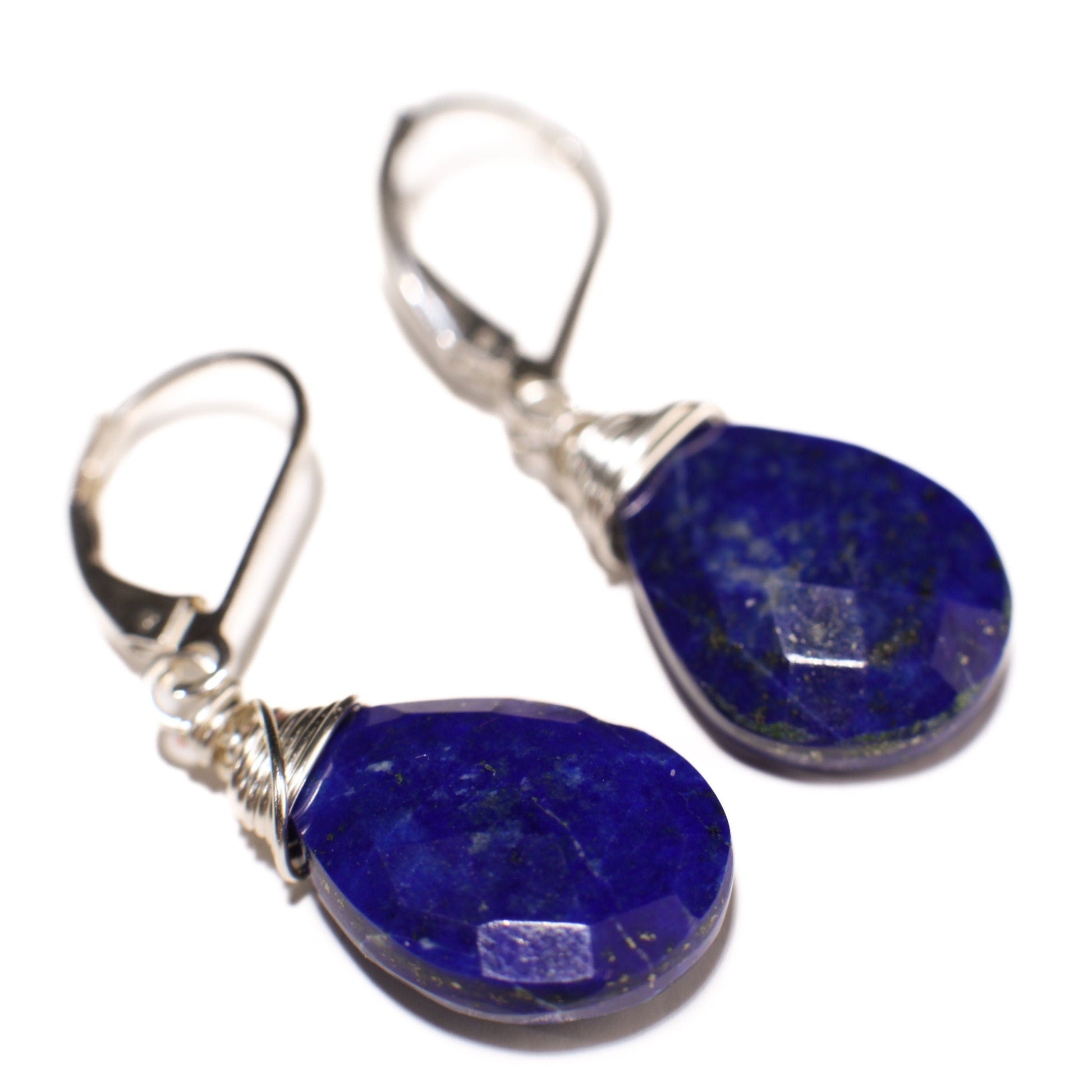 Lapis Lazuli Earrings, Natural Lapis Pear Drop 12x16mm Wire Wrapped Long Teardrop in 14K Gold Filled or 925 Sterling Silver Leverback