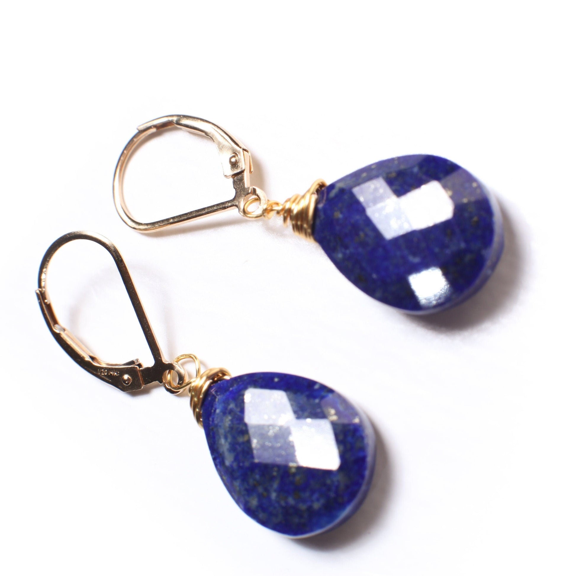 Lapis Lazuli Earrings, Natural Lapis Pear Drop 12x16mm Wire Wrapped Long Teardrop in 14K Gold Filled or 925 Sterling Silver Leverback