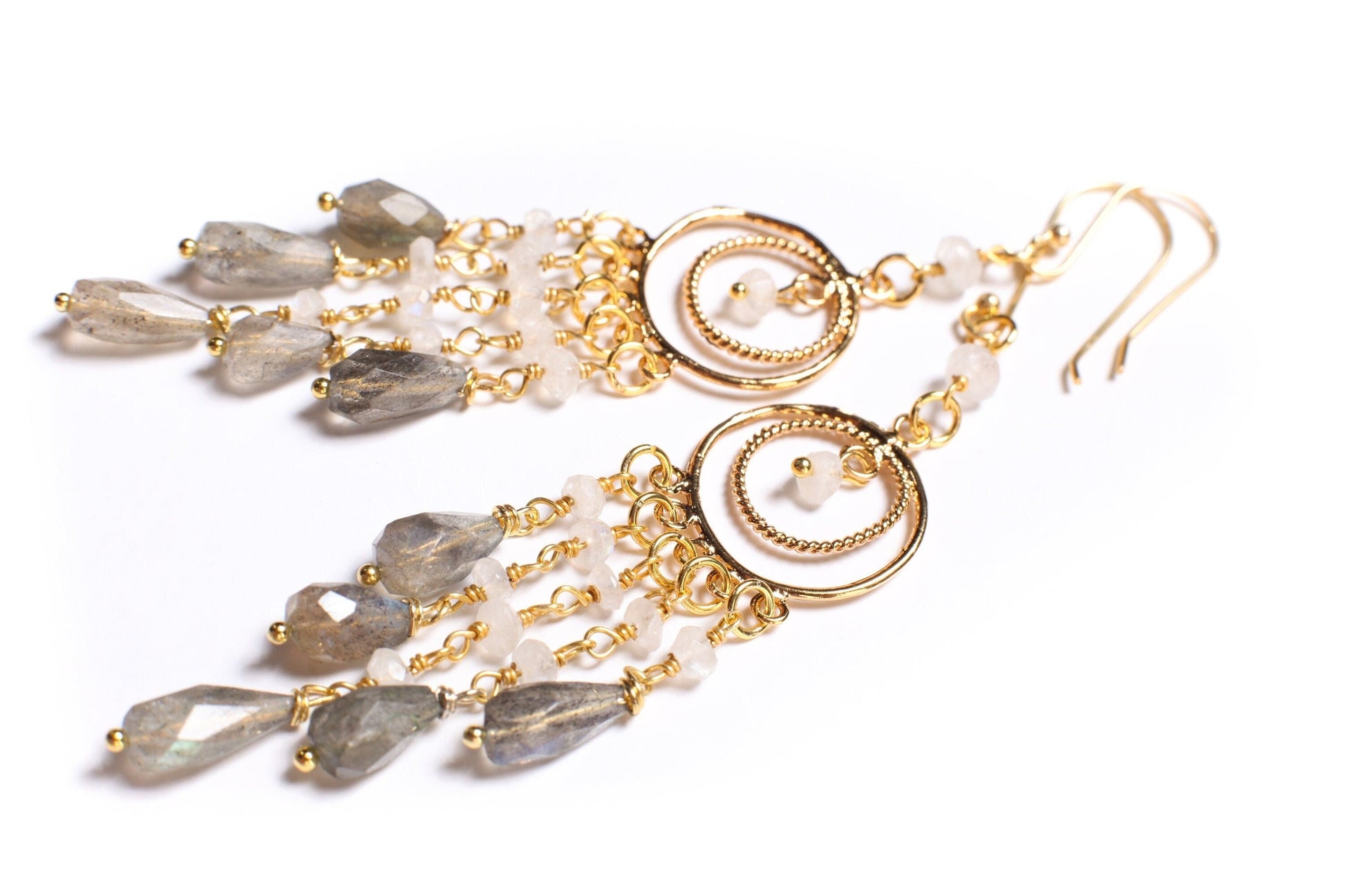 Natural Labradorite 5x10mm Faceted Drop, Moonstone 3mm Roundel Wire Wrap, Gold Vermeil Chandelier Ear Wire, Dreamcatcher Chandelier Earrings