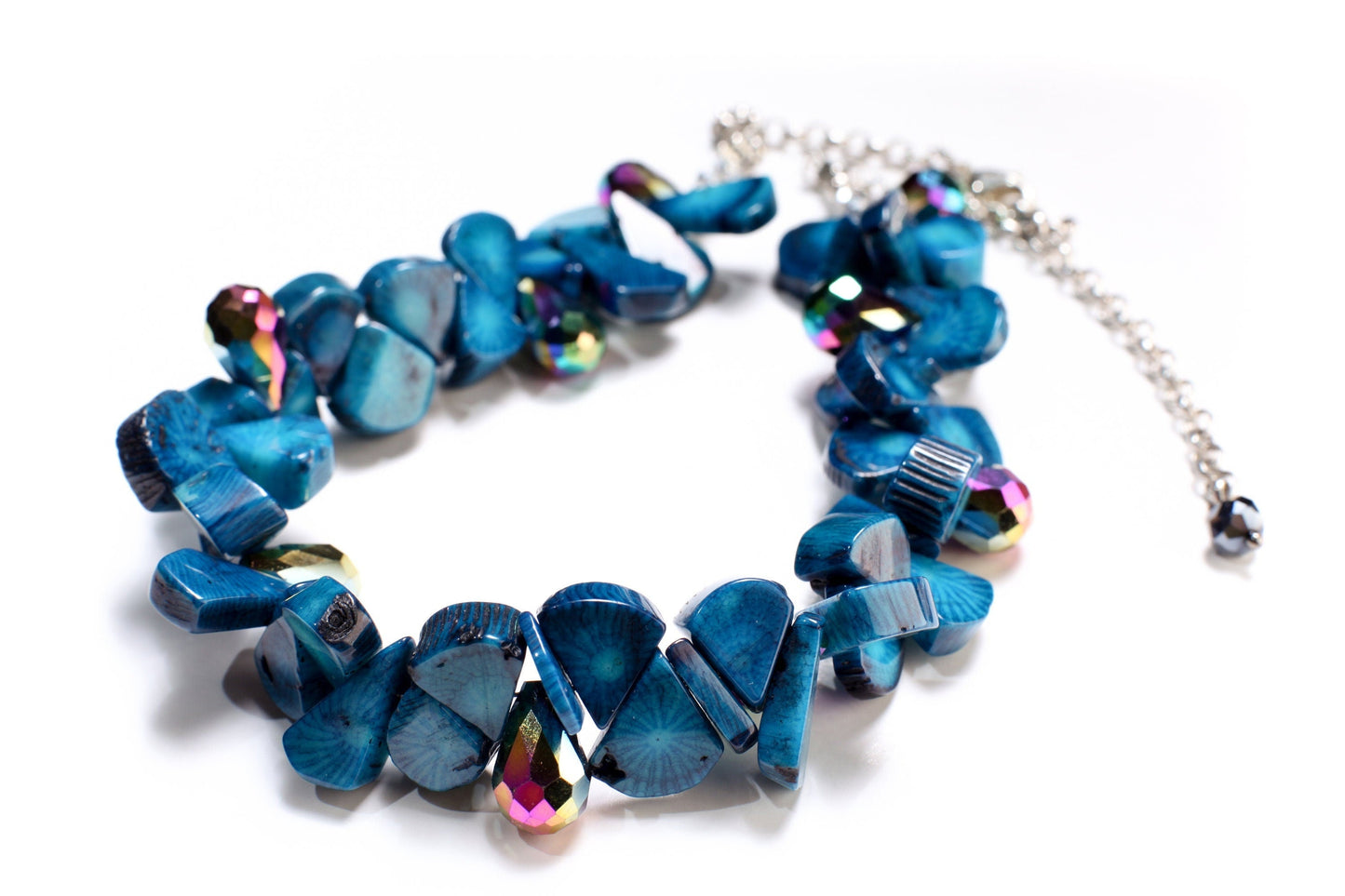 Genuine Bamboo Coral Heat Treated Blue Coral Teardrop 9x11-12x16mm,Accent AB Crystal Briolette,Adjustable 13"- 16" Pear Drop Choker Necklace