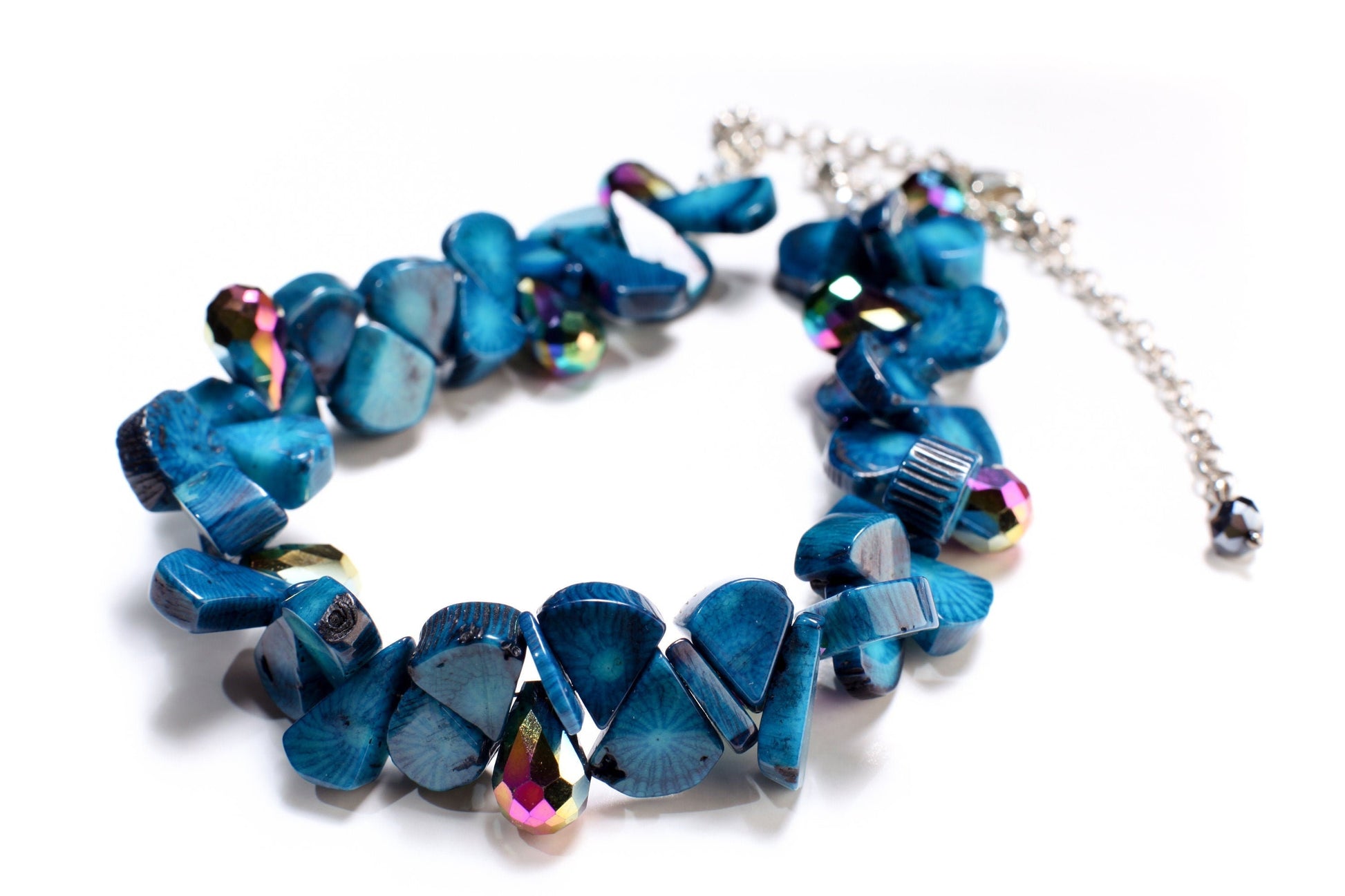 Genuine Bamboo Coral Heat Treated Blue Coral Teardrop 9x11-12x16mm,Accent AB Crystal Briolette,Adjustable 13"- 16" Pear Drop Choker Necklace