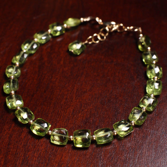 Peridot Faceted 5mm Cushion Shape Gemstone Bracelet in 14K Gold Filled Chain and Clasp, 14k gf 2mm spacer , Elegant Gift , August birthstone