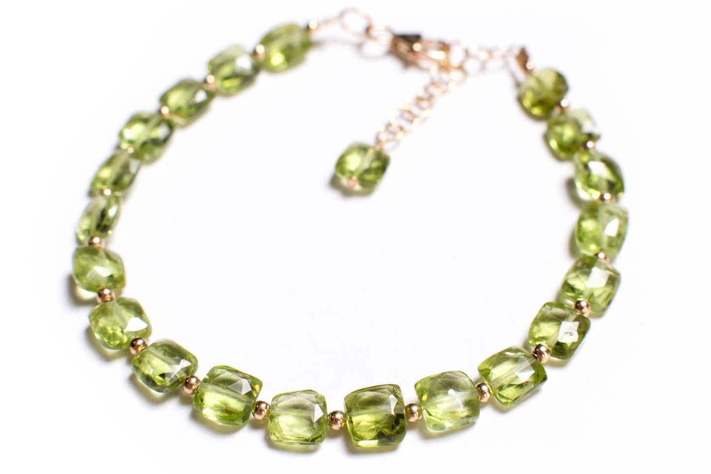 Peridot Faceted 5mm Cushion Shape Gemstone Bracelet in 14K Gold Filled Chain and Clasp, 14k gf 2mm spacer , Elegant Gift , August birthstone