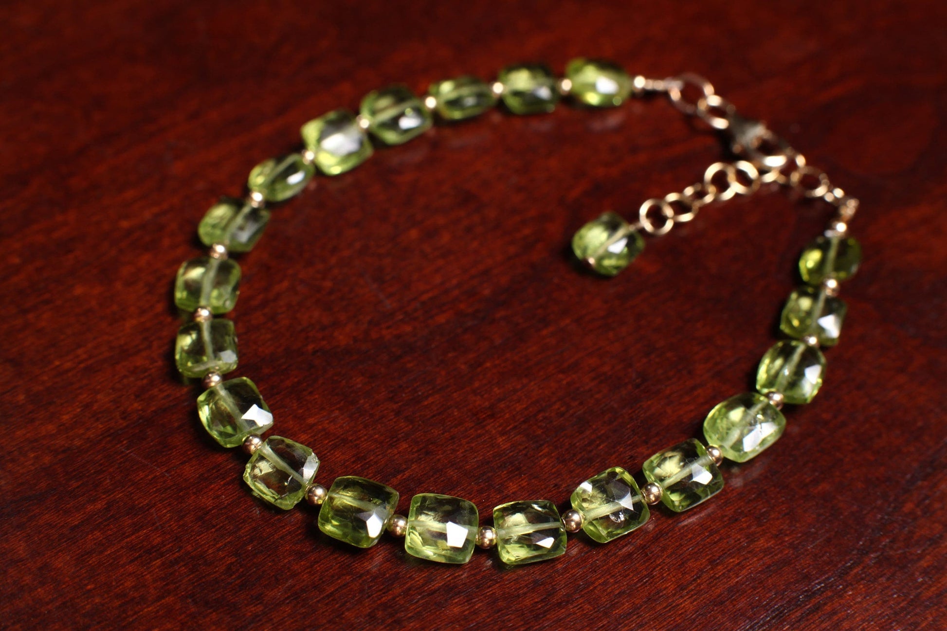 Peridot Faceted 5mm Cushion Shape Gemstone Bracelet in 14K Gold Filled Chain and Clasp, 14k gf 2mm spacer , Elegant Gift , August birthstone