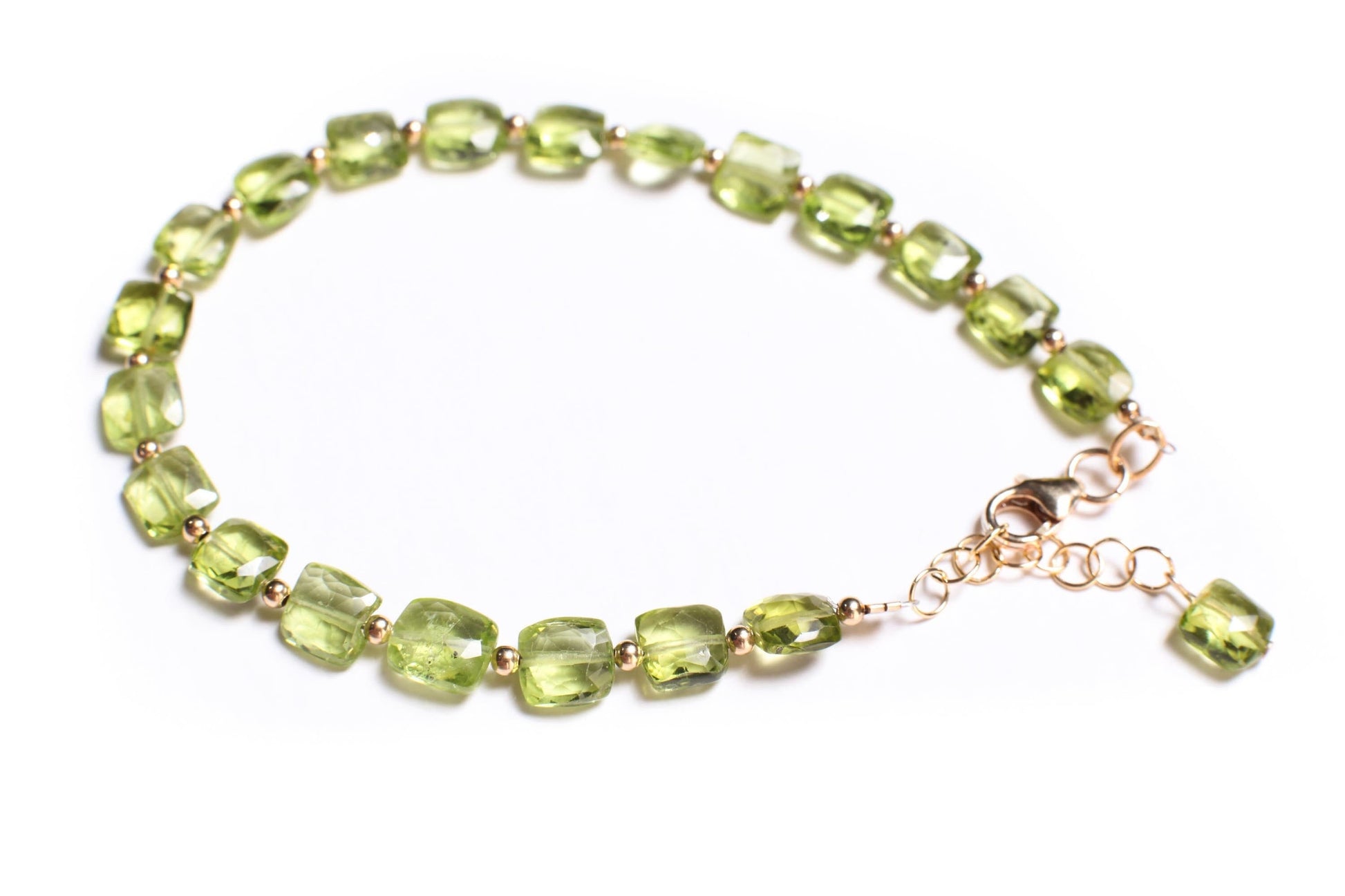 Peridot Faceted 5mm Cushion Shape Gemstone Bracelet in 14K Gold Filled Chain and Clasp, 14k gf 2mm spacer , Elegant Gift , August birthstone
