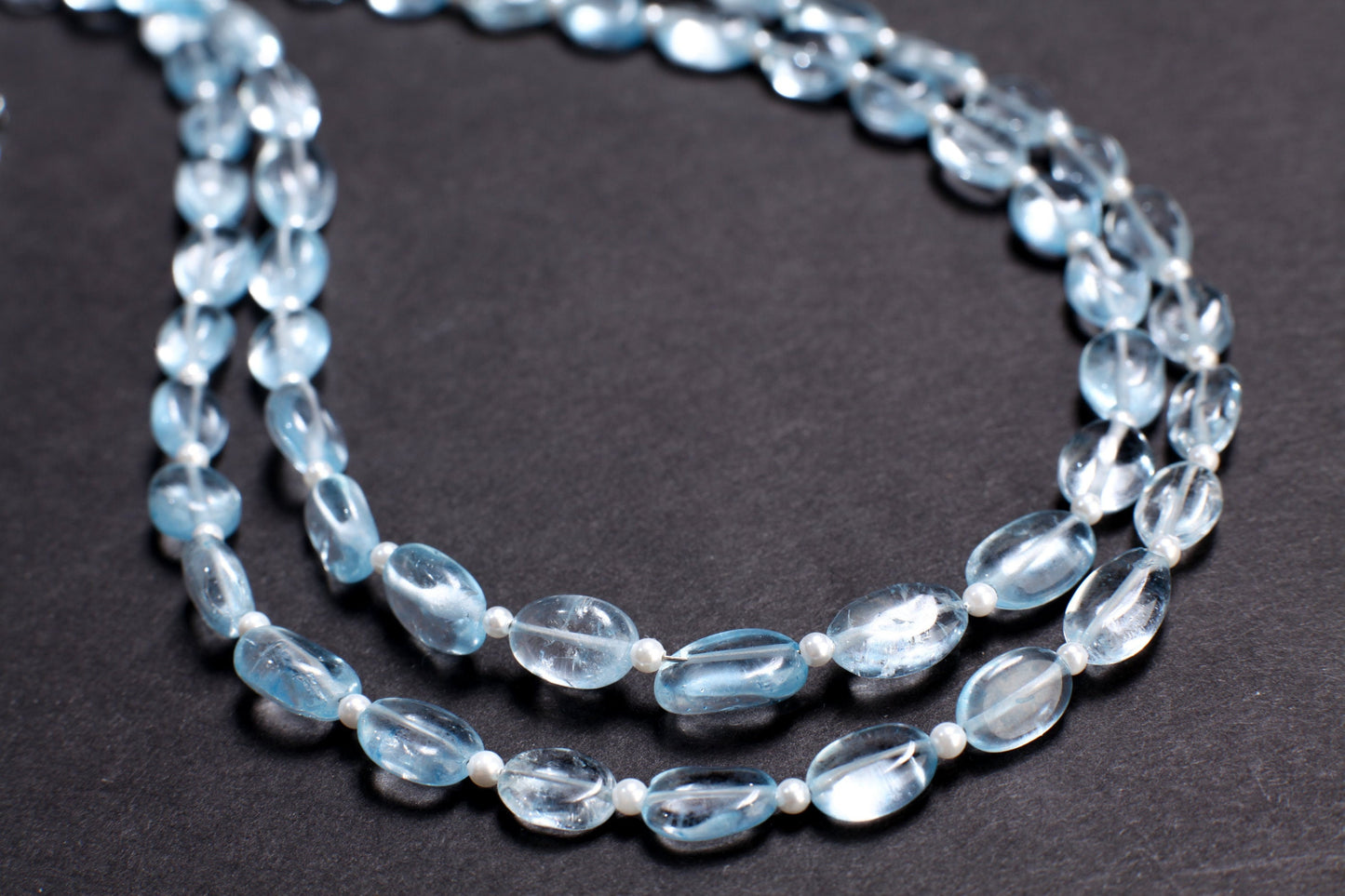 Aqua Blue Quartz Free Form Oval 6x9-7x11mm, 2.5mm Freshwater Pearl Round Spacers 2 Strand Necklace 17.5&quot; with 4.5&quot; Extend to 21&quot;. Gift