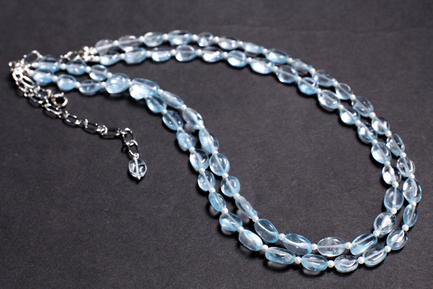 Aqua Blue Quartz Free Form Oval 6x9-7x11mm, 2.5mm Freshwater Pearl Round Spacers 2 Strand Necklace 17.5" with 4.5" Extend to 21". Gift