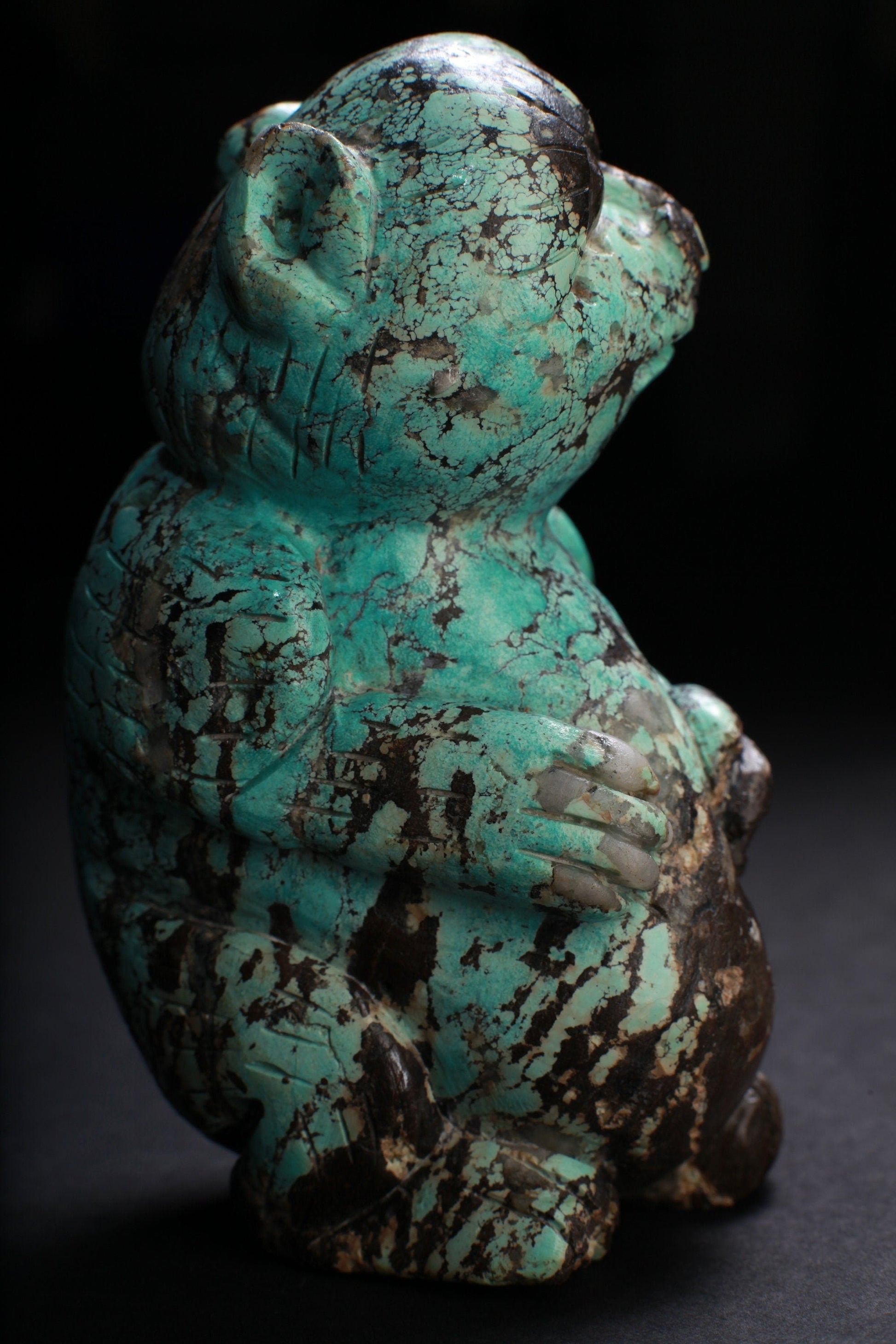 Genuine Spiderweb Turquoise Hand Carved Sloth, Totem, Miniature Animals Collectible Figurines Vintage Sculpture, Old Stock 746g 5x3x2.5"