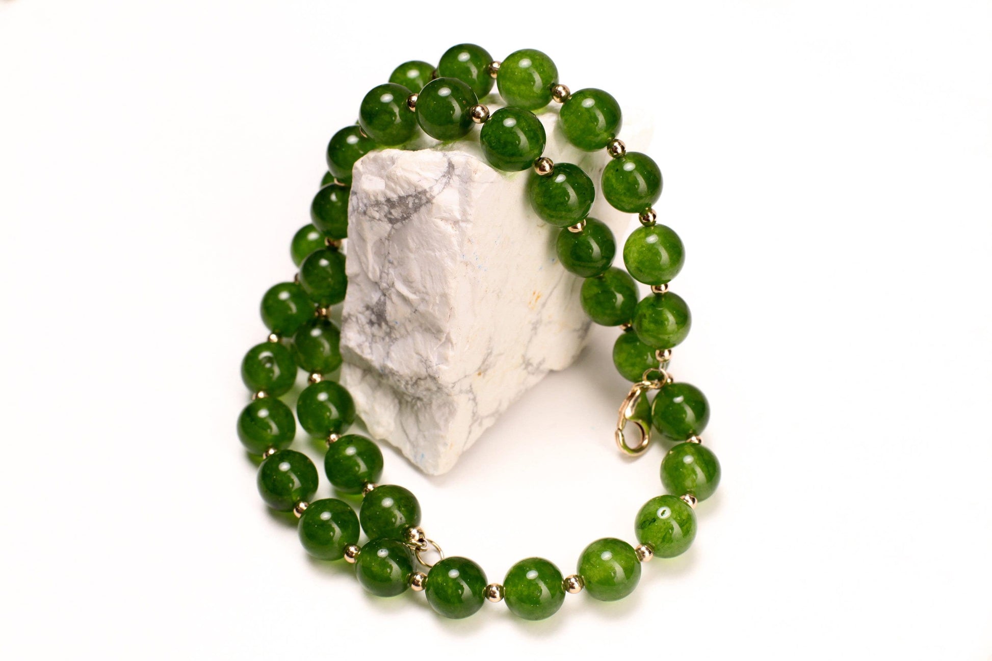 Genuine Green Jade, Nephrite Canada Jade 10mm Round Gold, Gold Filled Necklace, Strong Magnetic Clasp. High Quality Jade 16&quot;- 34&quot; Necklace