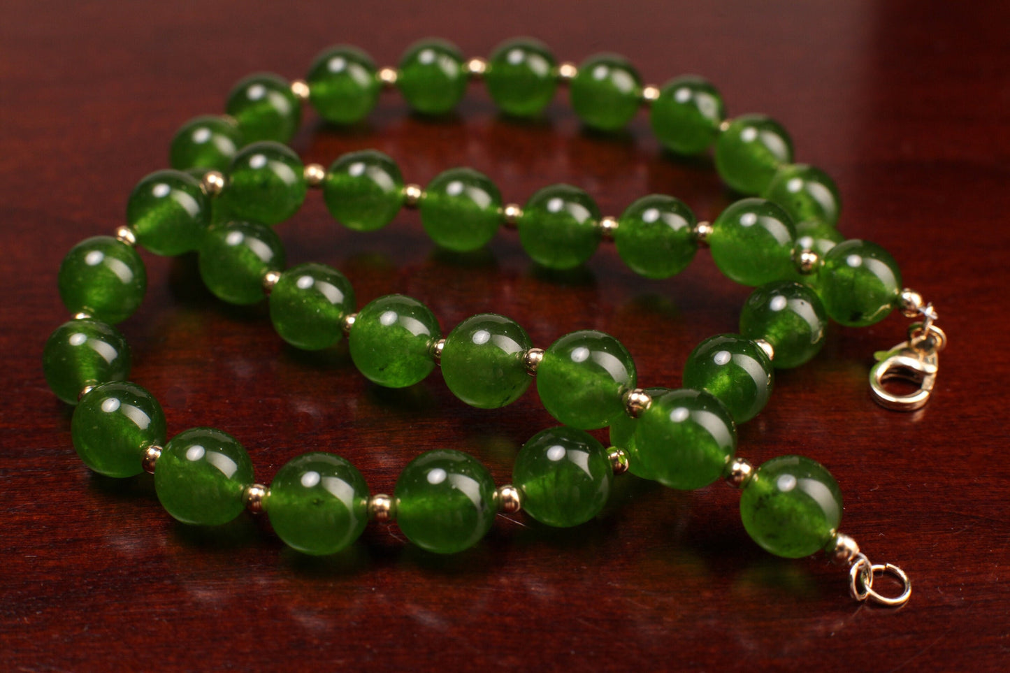 Genuine Green Jade, Nephrite Canada Jade 10mm Round Gold, Gold Filled Necklace, Strong Magnetic Clasp. High Quality Jade 16&quot;- 34&quot; Necklace