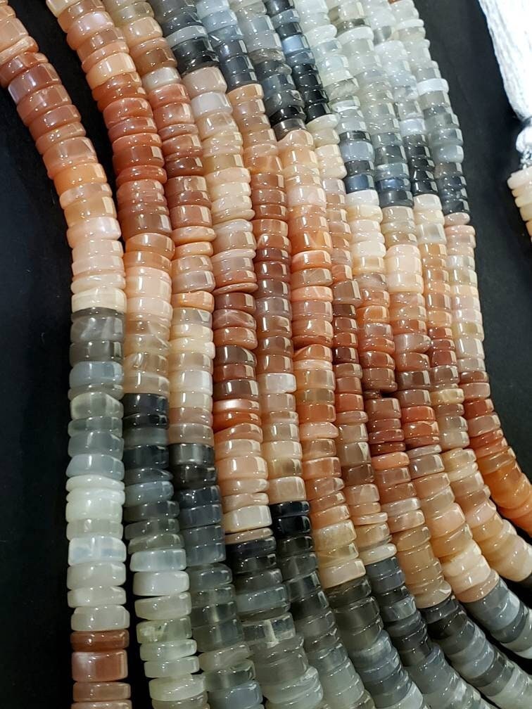 Natural multi Moonstone Heishe, shaded Gemstone brown smooth cut Heishe Moonstone Beads 6.5- 7mm DIY Jewelry Making, 8" Strand