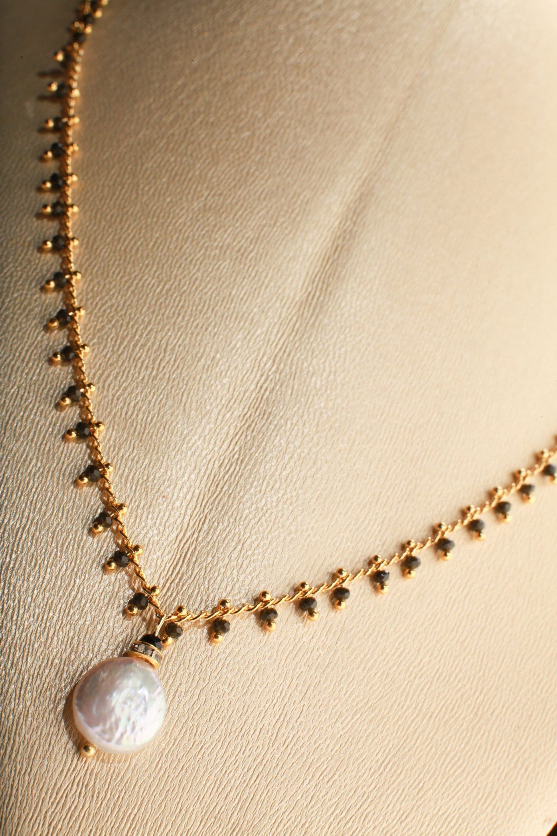 Black Spinel Micro Faceted Diamond Cut Gold Beaded Necklace with Fresh Water Coin Pearl and Rhinestone Spacer Extendable Chain Necklace