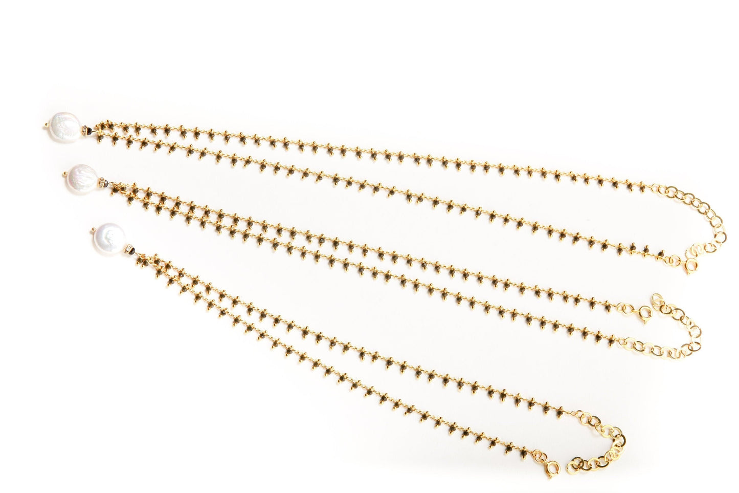 Black Spinel Micro Faceted Diamond Cut Gold Beaded Necklace with Fresh Water Coin Pearl and Rhinestone Spacer Extendable Chain Necklace