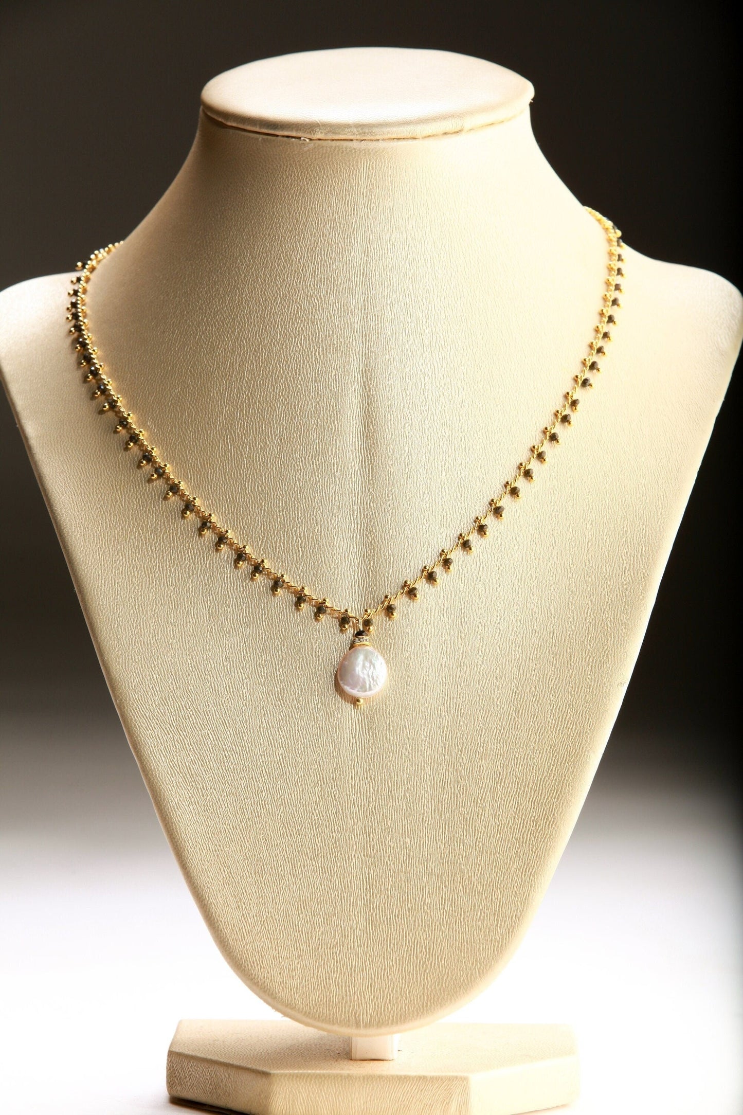 Black Spinel Micro Faceted Diamond Cut Gold Beaded Necklace with Fresh Water Coin Pearl and Rhinestone Spacer Extendable Chain Necklace