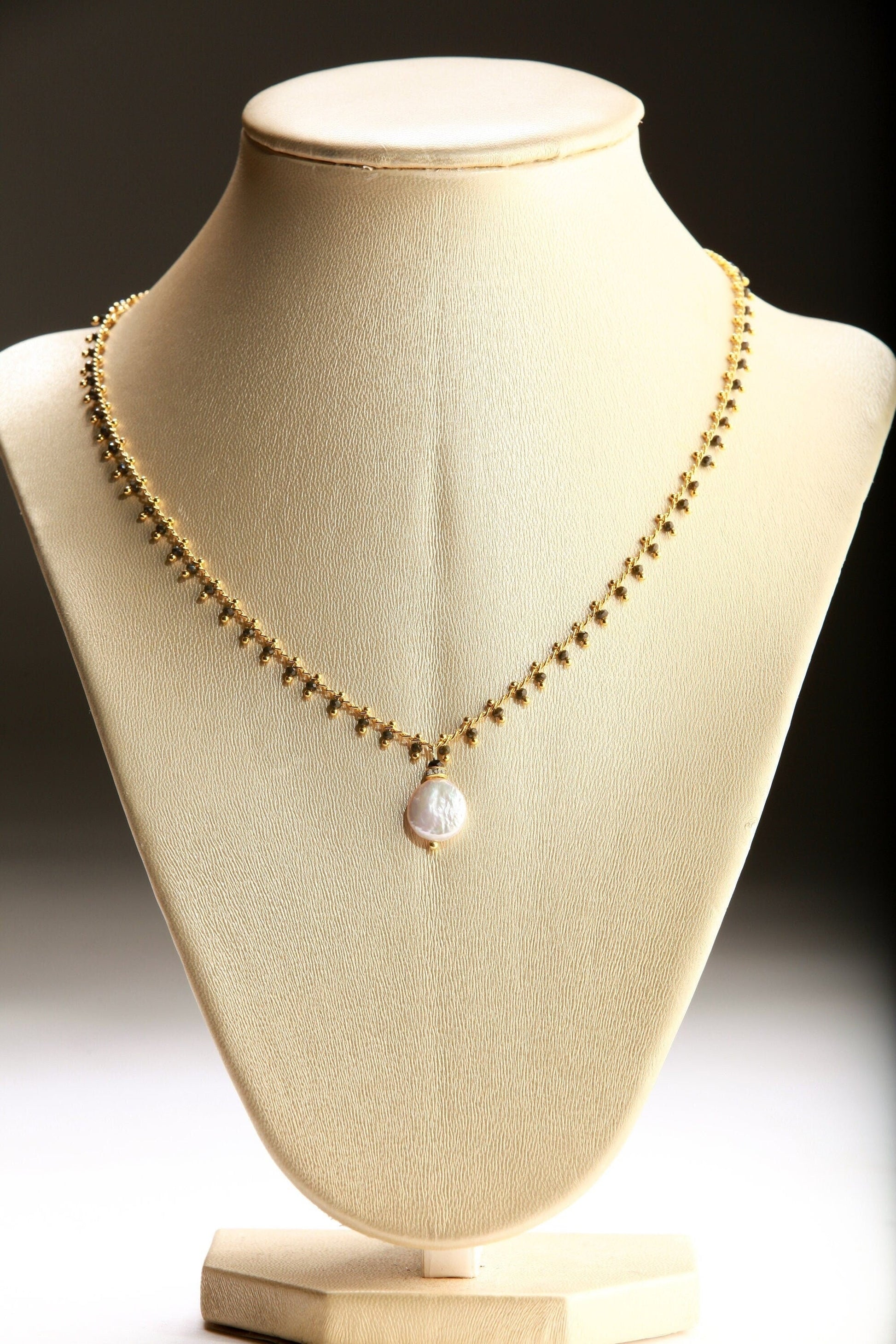 Black Spinel Micro Faceted Diamond Cut Gold Beaded Necklace with Fresh Water Coin Pearl and Rhinestone Spacer Extendable Chain Necklace