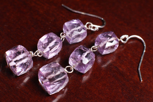 Pink Amethyst 7-9mm Cube Dangling Ear Wire in 925 Sterling Silver, Soothing Gem, Natural AAA Amethyst Square Ice Cube Gems