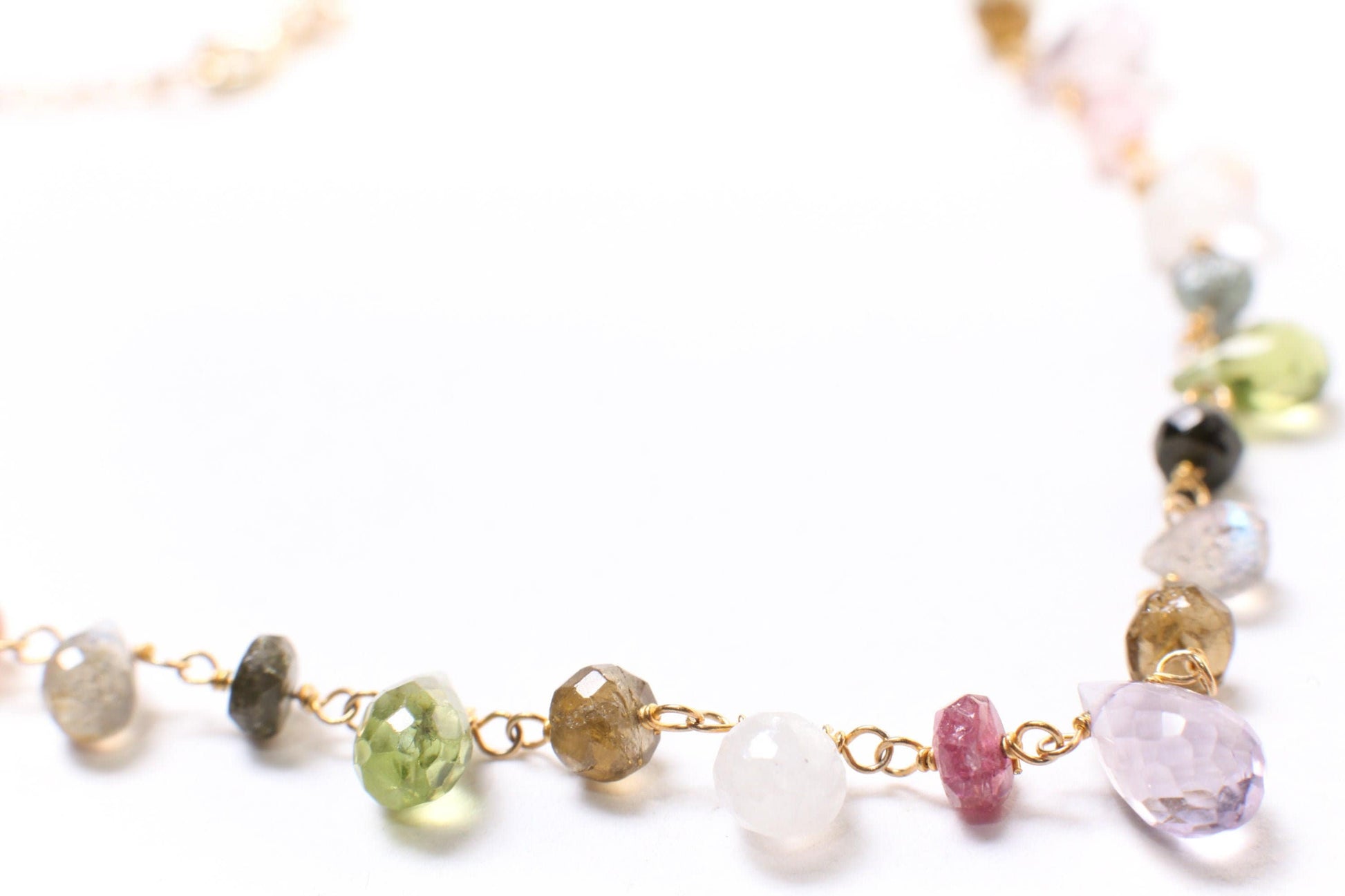 Multi Gemstones chain Wire Wrapped Faceted Peridot, Moonstone Briolette Drop AAA+ 4x6-5x9mm, in gold vermeil by the foot ,DIY loose chain