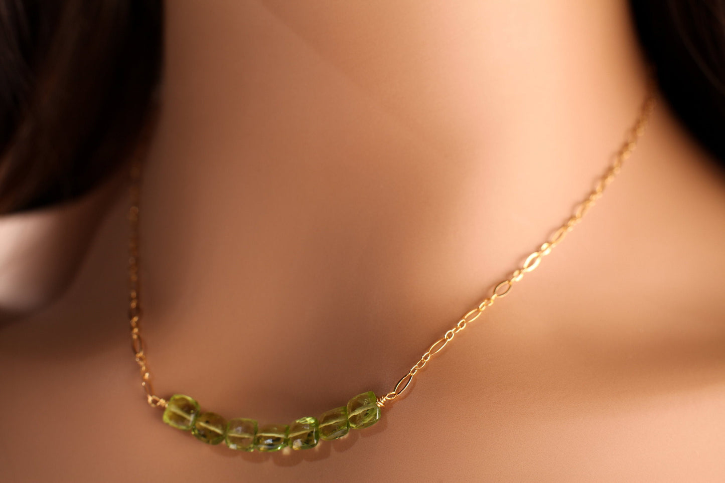 Peridot Faceted 6x6mm Square Cushion Shape Faceted Clear AAA Quality Stone with 14k Gold Filled Long & Short Chain Necklace, Gifts