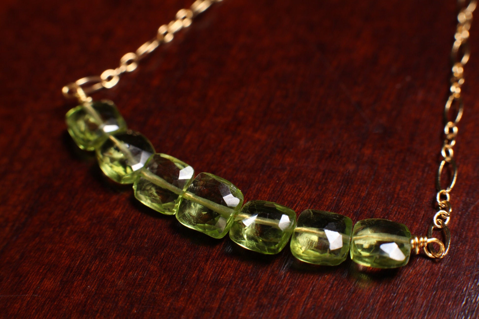 Peridot Faceted 6x6mm Square Cushion Shape Faceted Clear AAA Quality Stone with 14k Gold Filled Long & Short Chain Necklace, Gifts