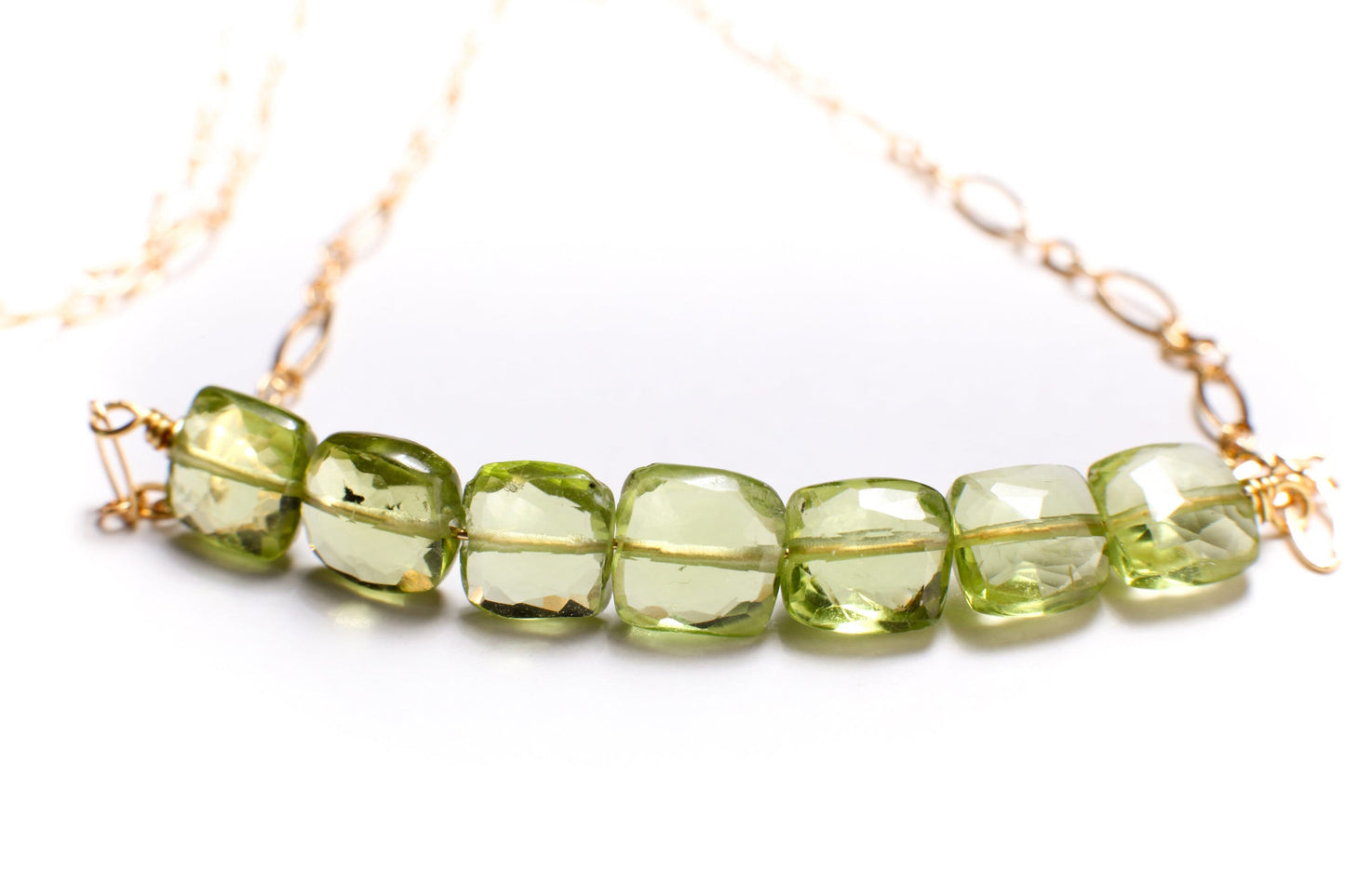 Peridot Faceted 6x6mm Square Cushion Shape Faceted Clear AAA Quality Stone with 14k Gold Filled Long & Short Chain Necklace, Gifts